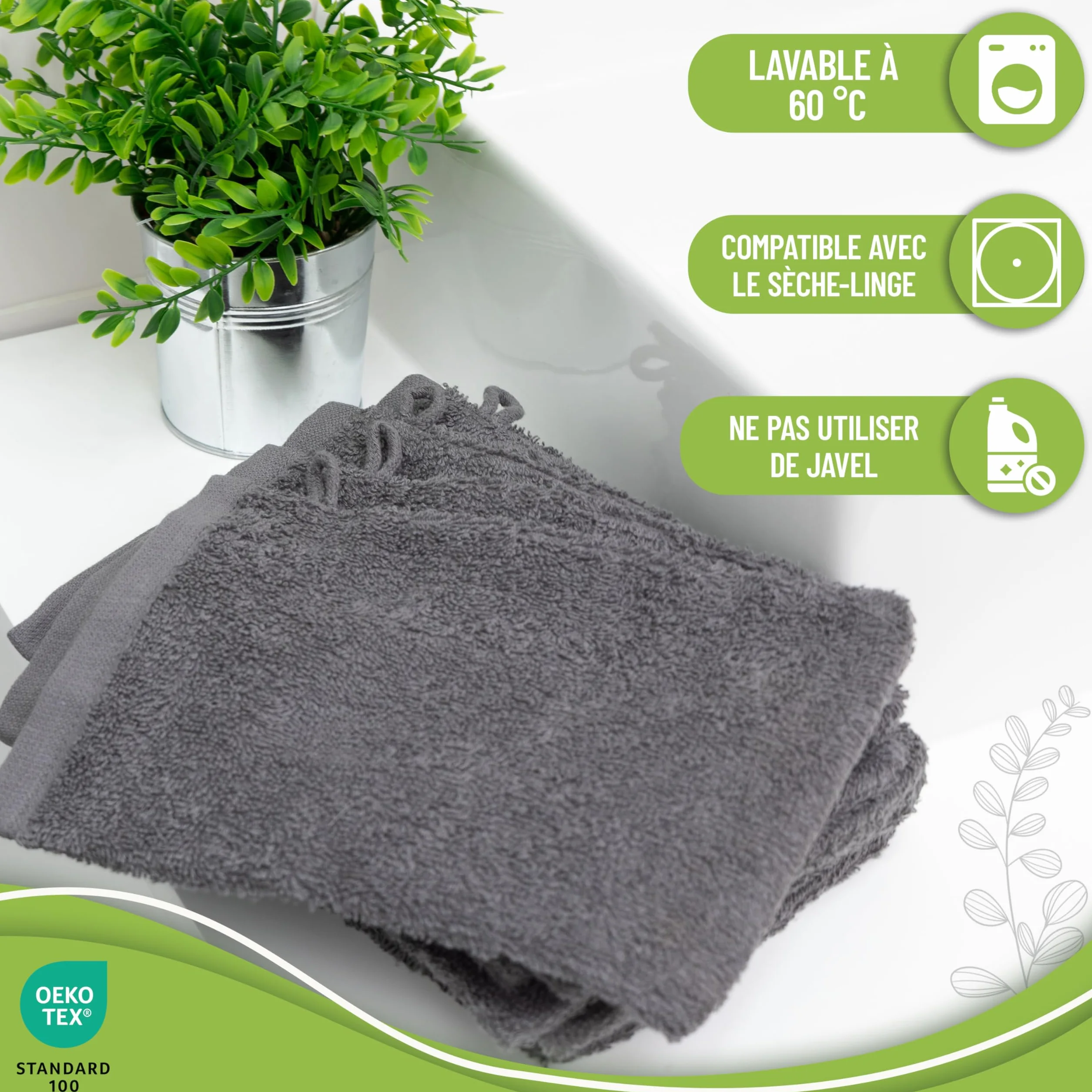 NatureMark Gants de Toilette en Frotte 100% Coton Gris Anthracite 15x21 cm