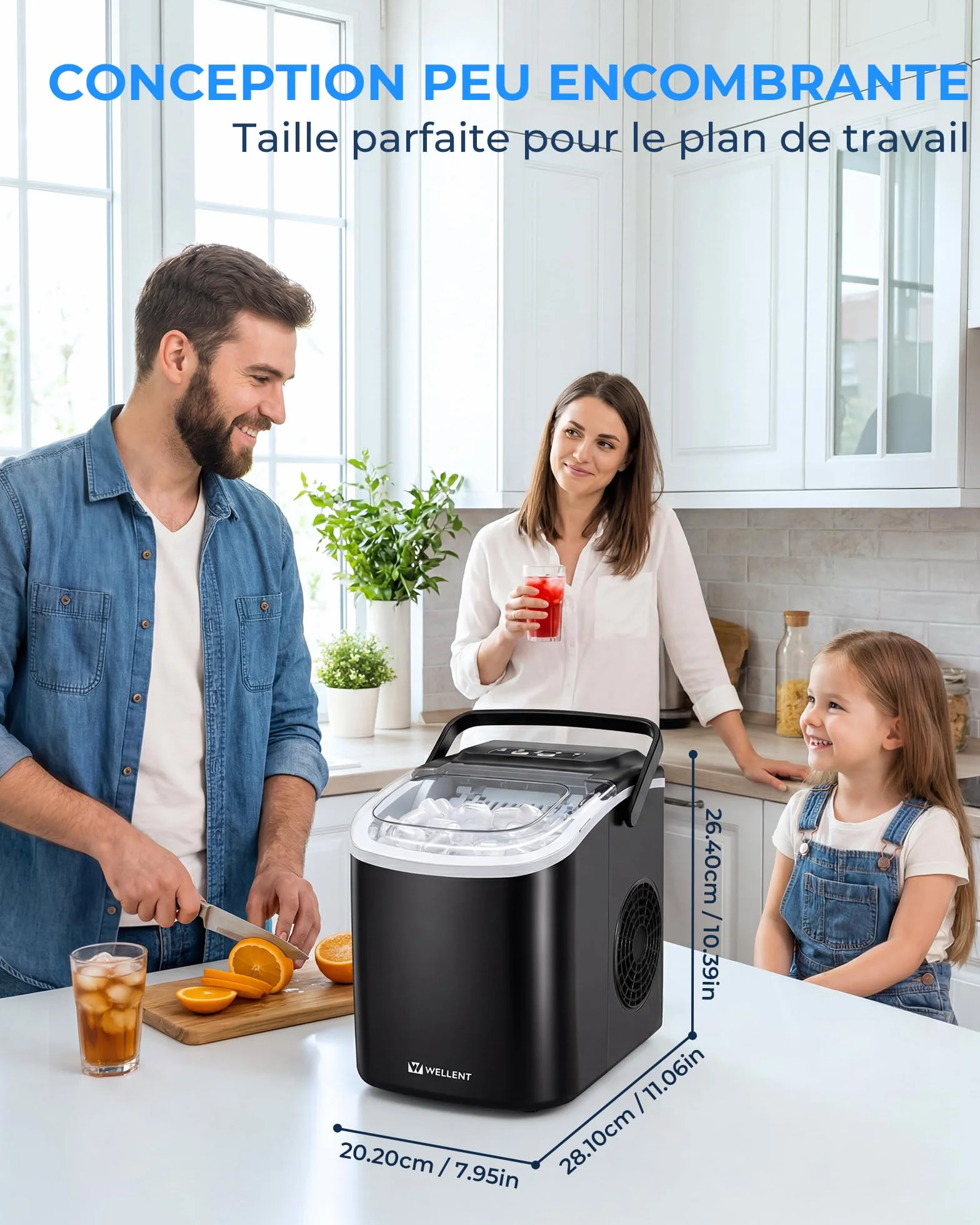 WELLENT Machine à Glaçons de Comptoir, 8 Glaçons en 6 Min, Capacité 12KG/24H, 2 Tailles, Portable avec Auto-Nettoyage