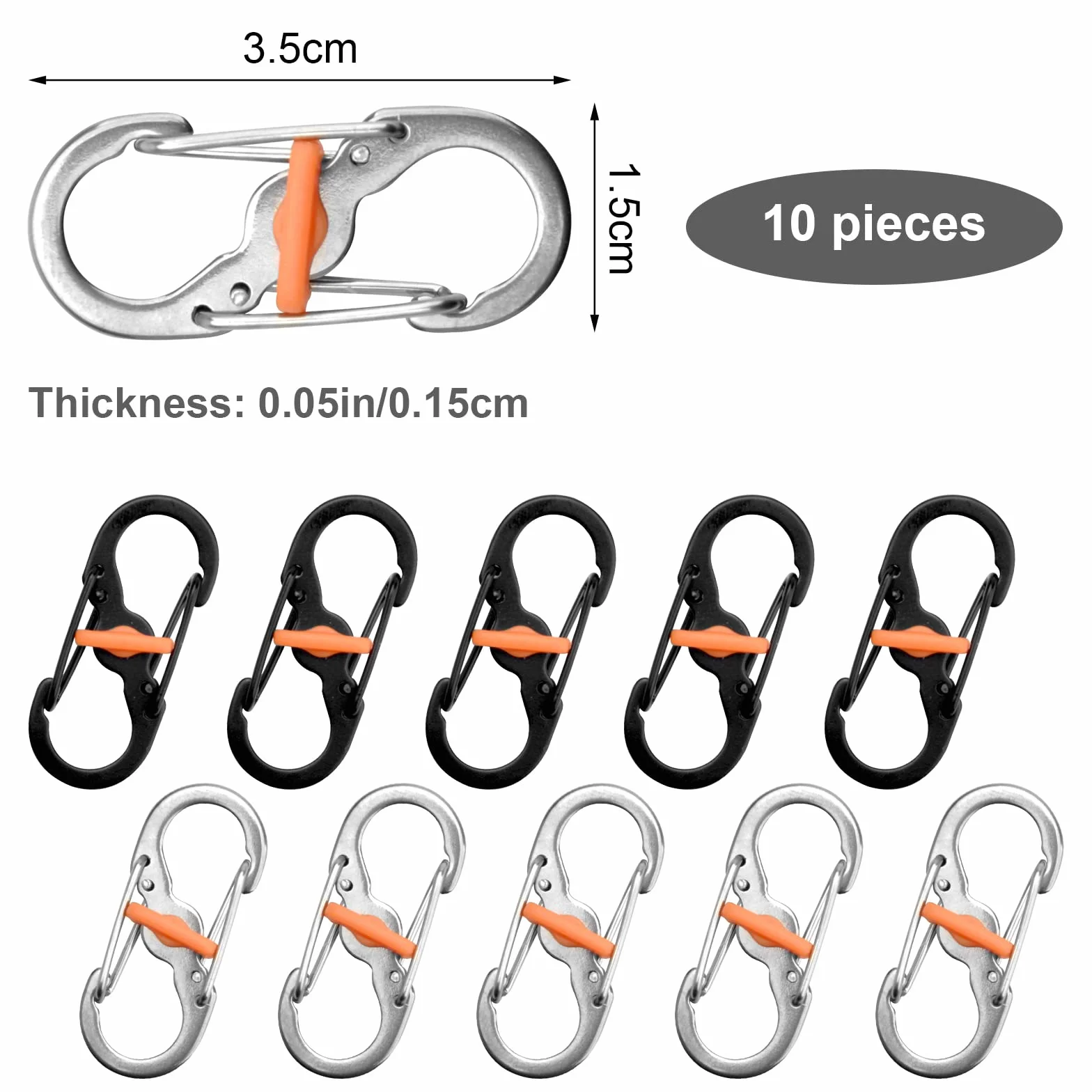 Lot de 10 mini mousquetons doubles acier inoxydable S petit pour camping plein air antivol anti-chute porte-clés sac à dos