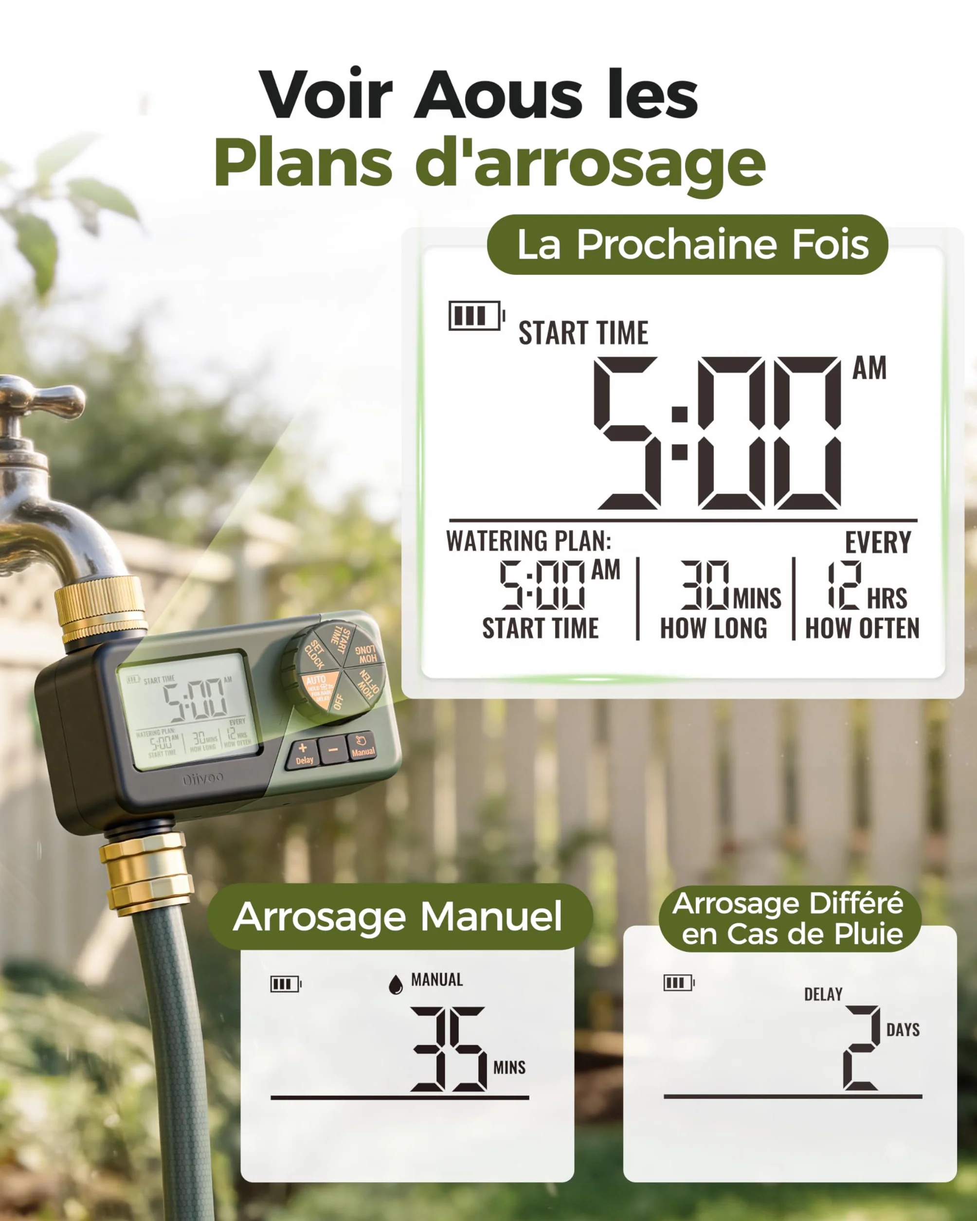 Diivoo Programmateur Arrosage Laiton IP66 Minuteur Arrosage Horaire Hebdomadaire Quotidien Grand Écran LCD