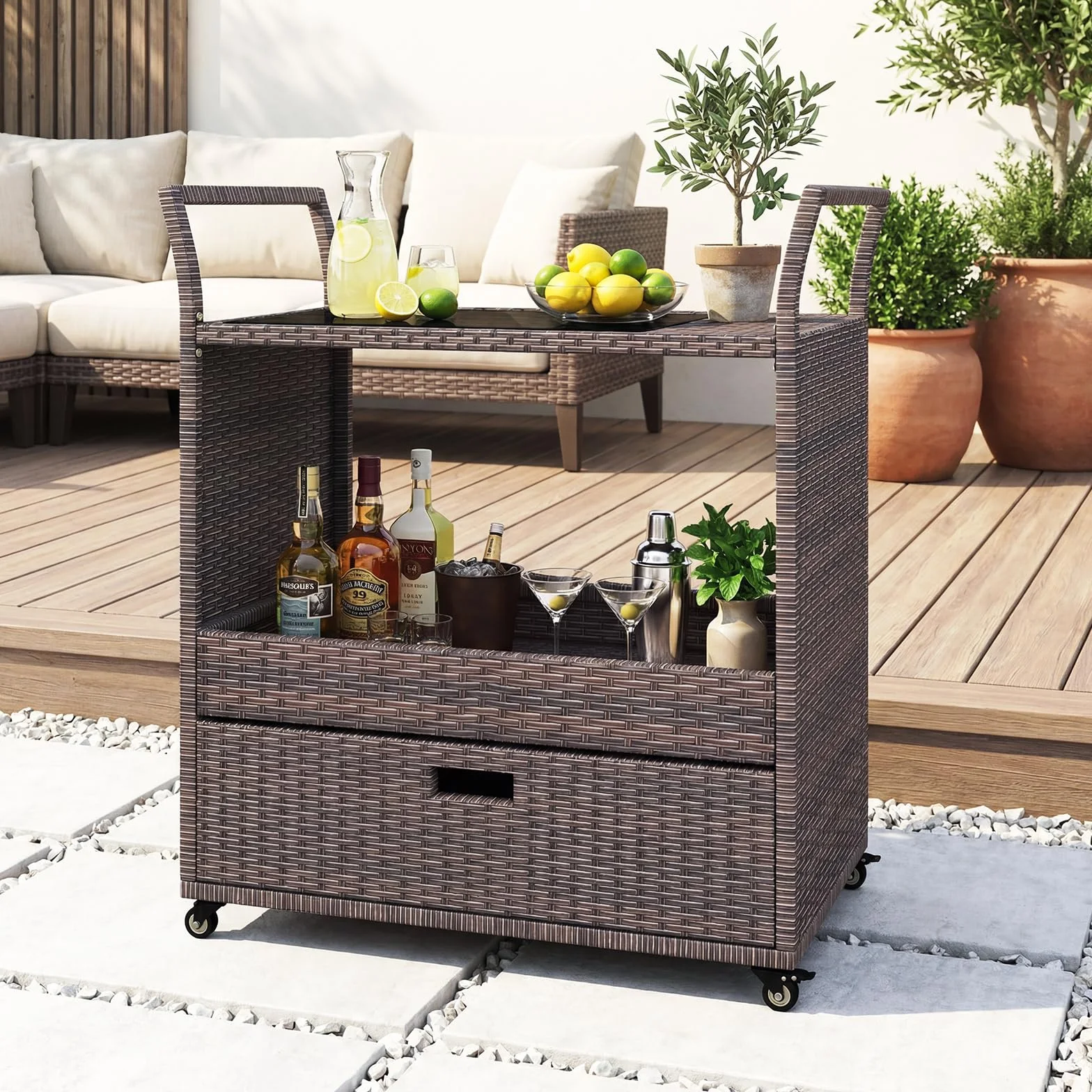 SOARS Desserte Exterieur Rotin PE Chariot Plancha Roulettes Plateau Verre Barbecue Jardin Patio