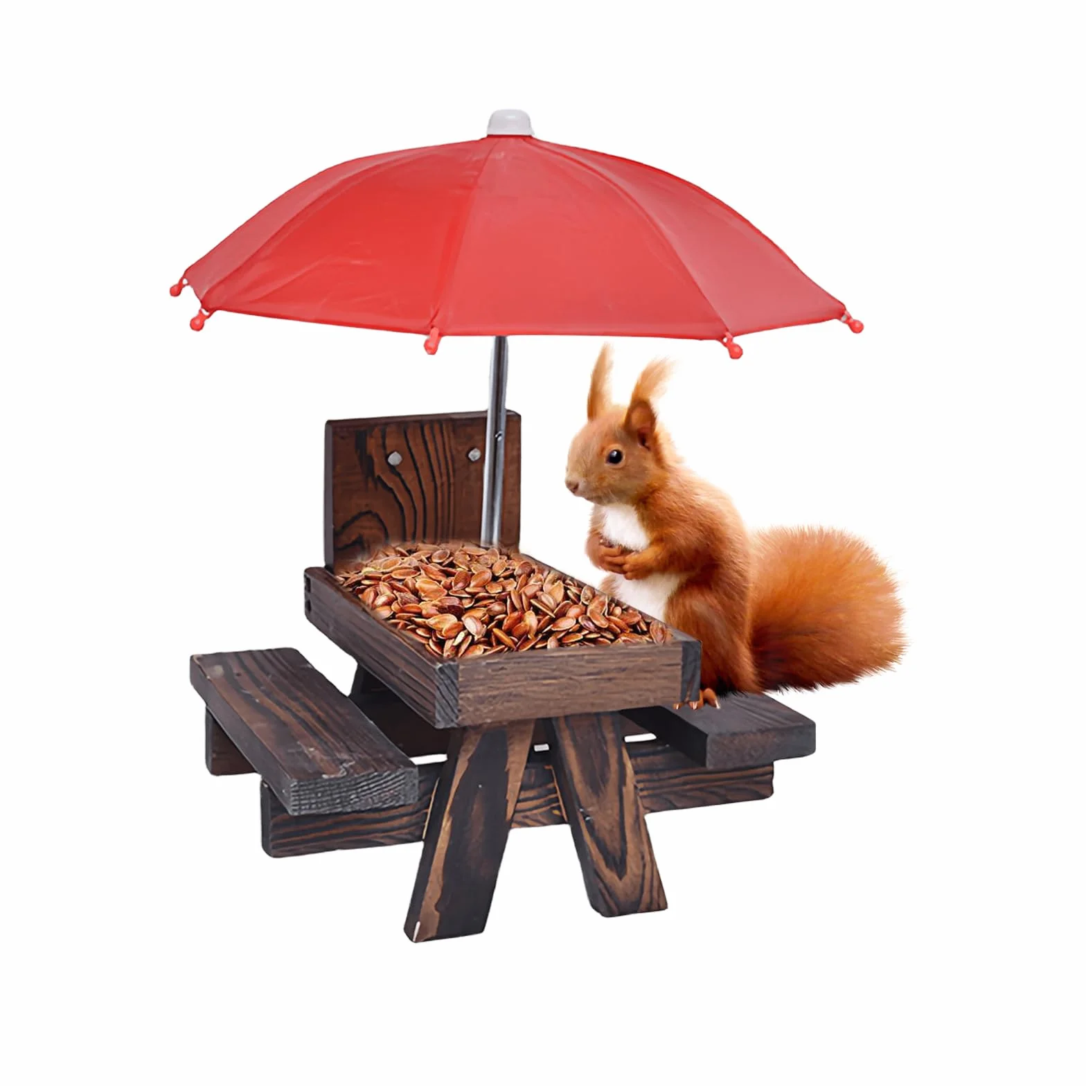 Mangeoire pour écureuils Table de pique-nique en bois résistante aux intempéries avec parapluie et support à maïs