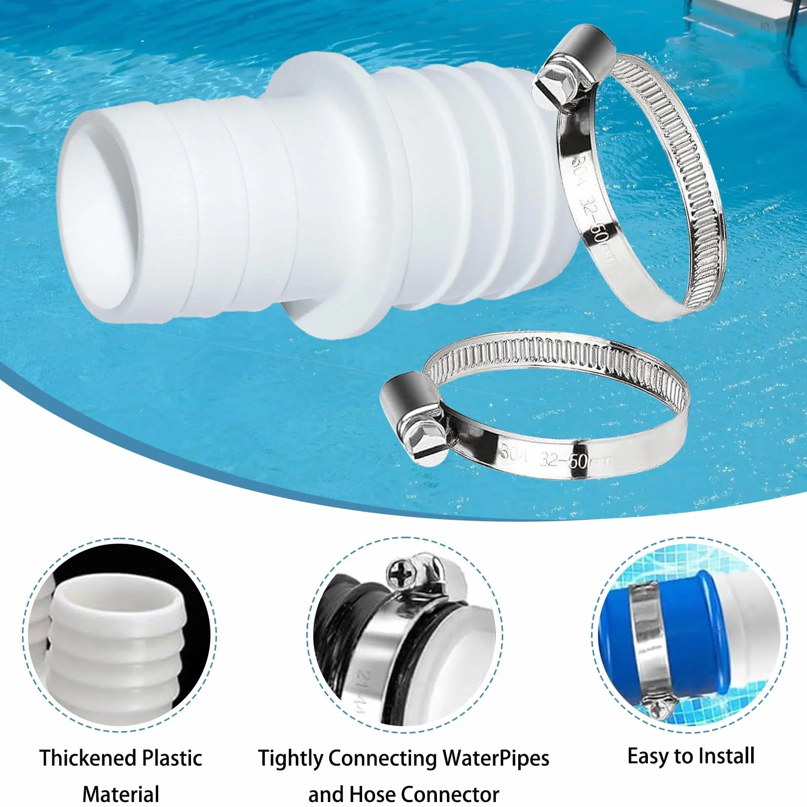 Raccords de tuyau de piscine 38 mm - Lot de 4 avec colliers de serrage en acier inoxydable