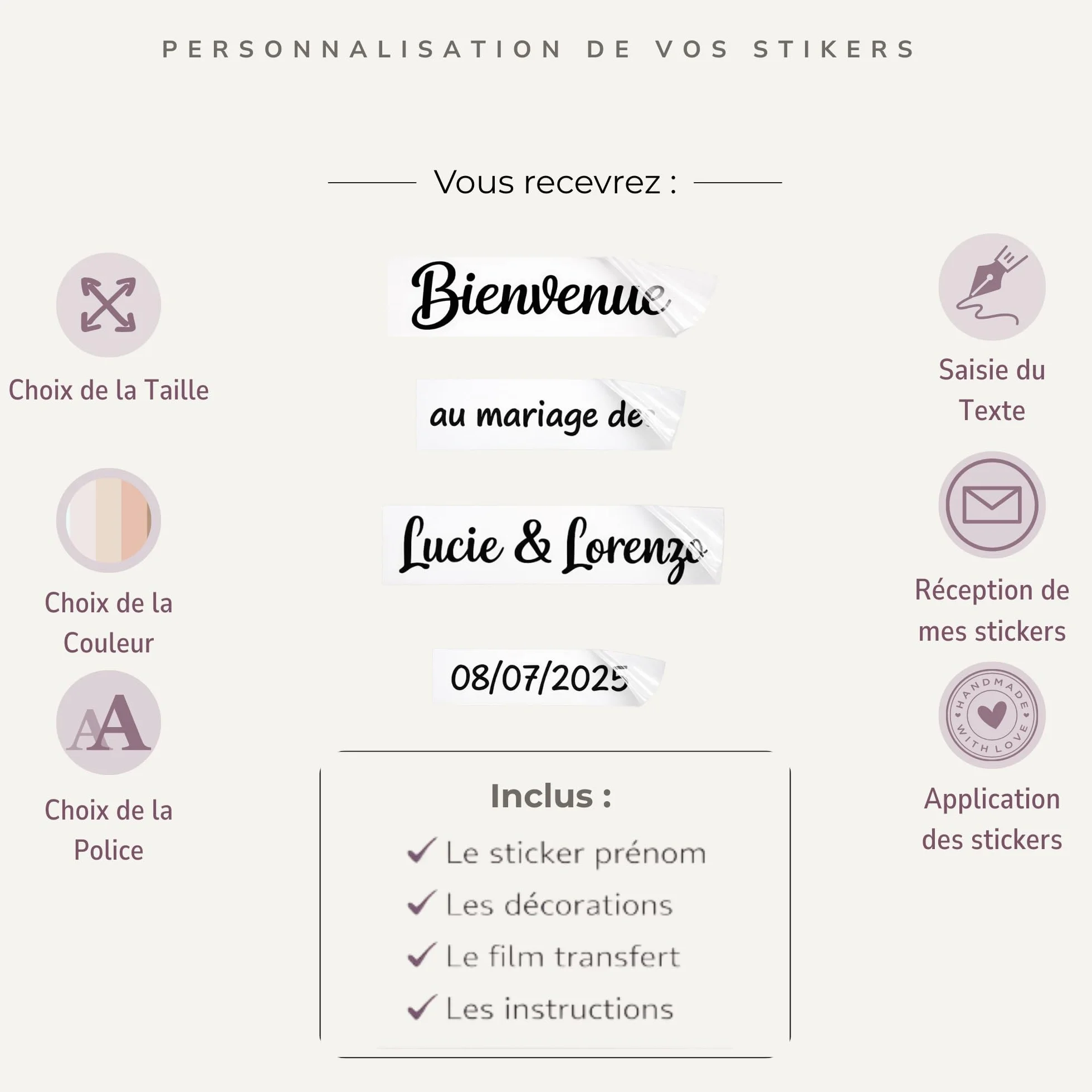 Sticker personnalisé mariage baptême anniversaire décoration événement bois miroir plexiglas fabrication artisanale française