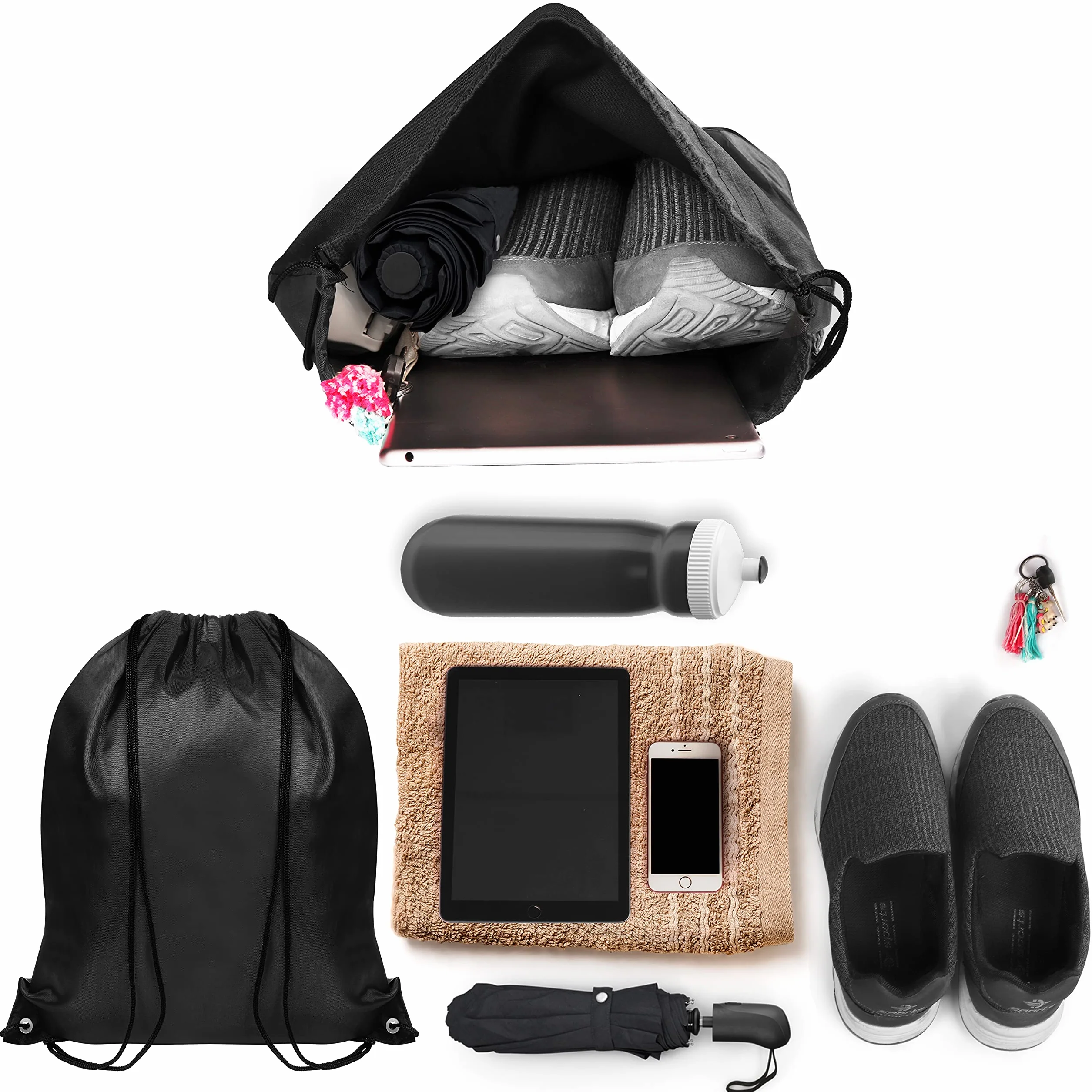 BELLE VOUS Sac de Gym à Cordon Noir (Lot de 12) - 42 x 35 cm - Sac a Dos Cordon pour le Sport, le Rangement, les Voyages et la Natation - Gym Sac Unisexe pour Hommes, Femmes, Adultes et Enfants