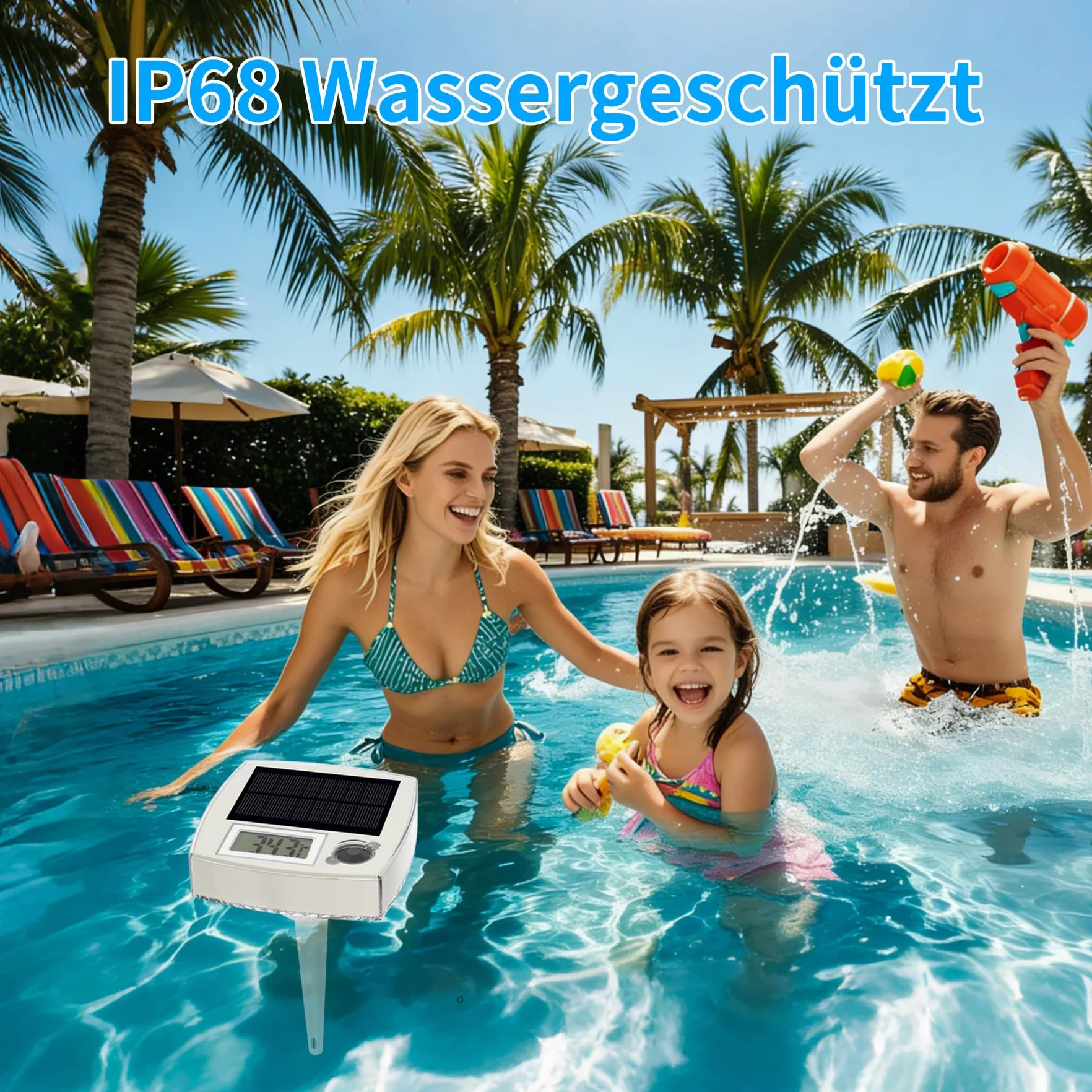 Thermomètre de piscine solaire numérique 2 en 1 avec éclairage LED RVB, grand écran LCD, étanche IP68