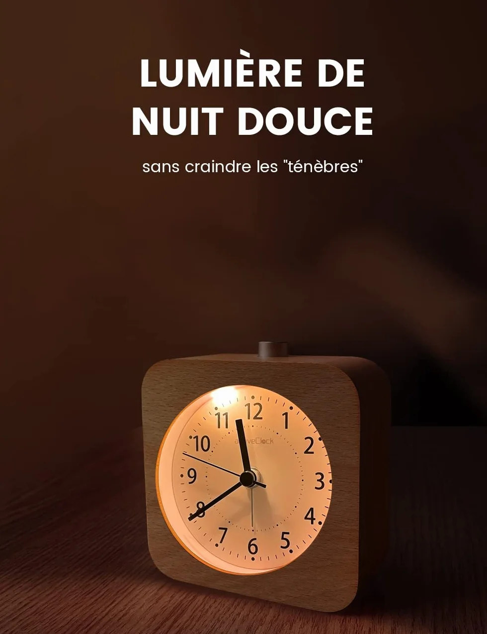 AboveClock Réveil Matin à Piles en Bois Silencieux Analogique de Voyage Lumineux Avec Fonction Snooze