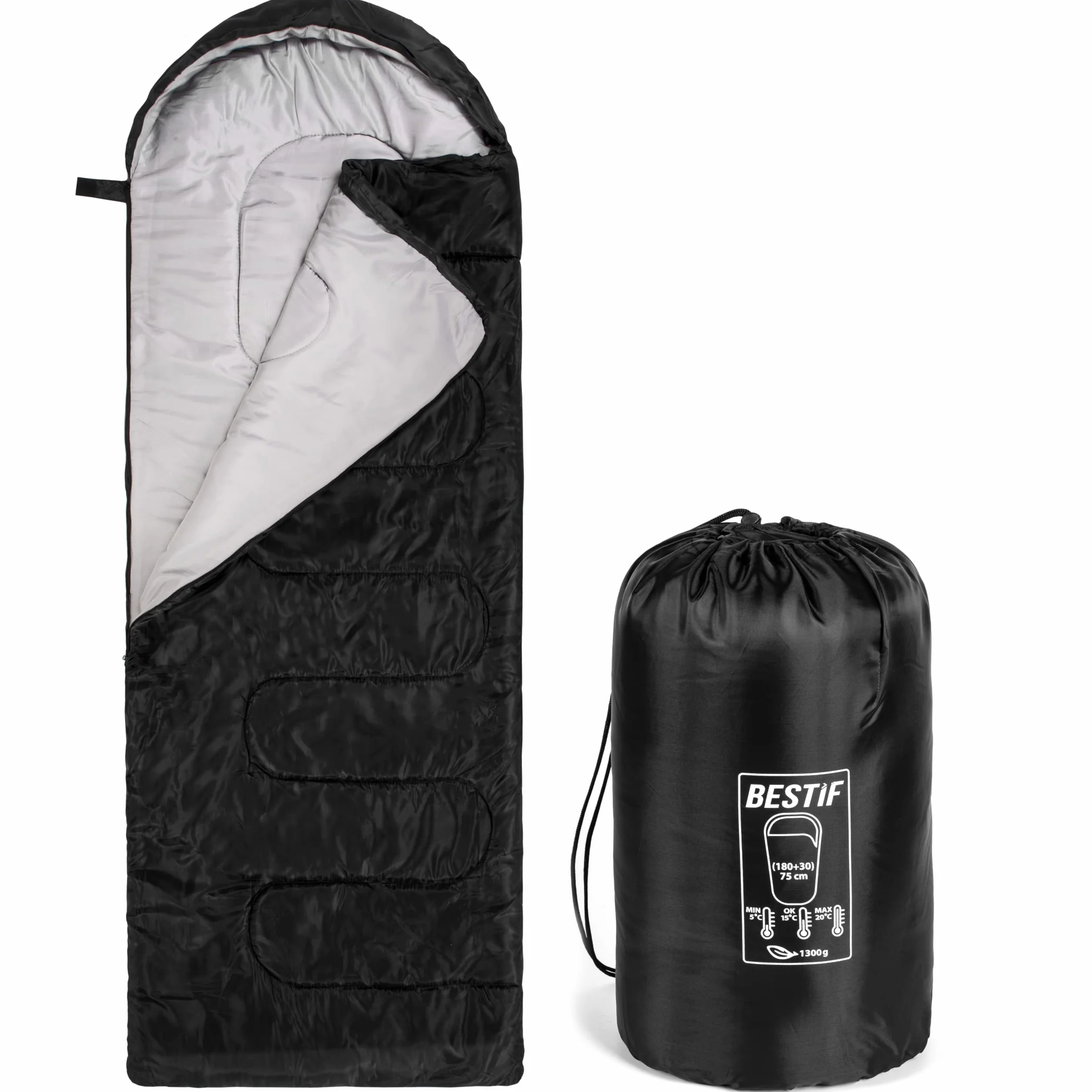 Sac de couchage pour camping - Sac de couchage de plein air - Sac de couchage d'été imperméable ultra-léger avec petit sac de rangement - Sac de transport inclus - 210x75cm (Noir, 210 x 75 cm)