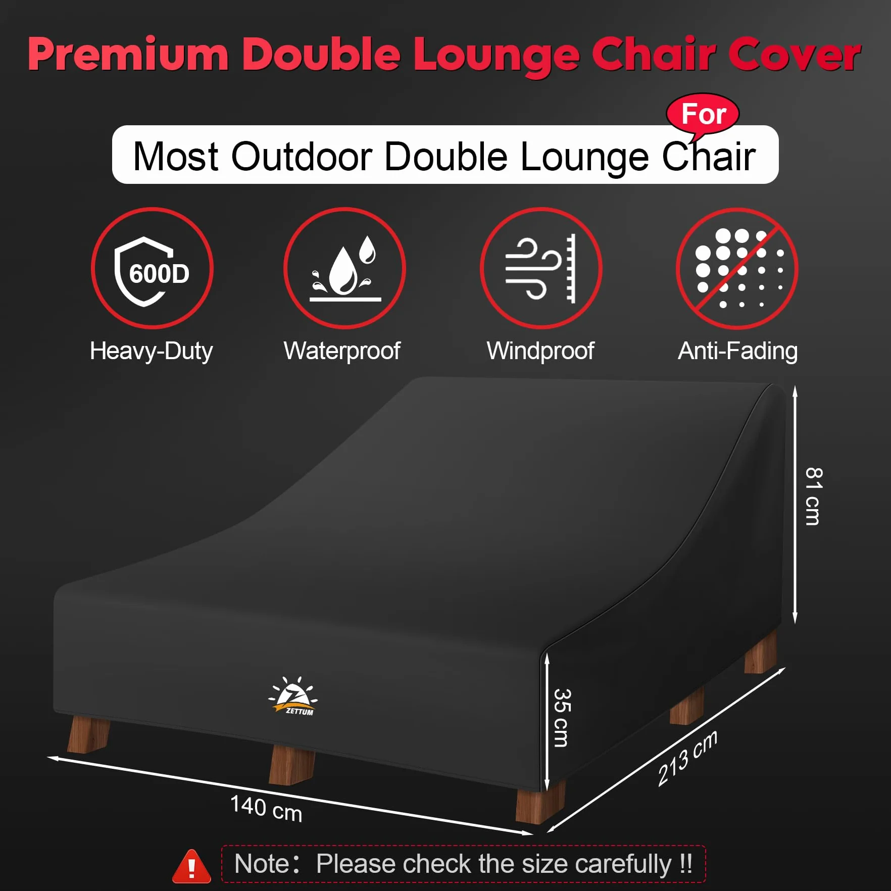 Zettum Housse Double Chaise Longue 600D Oxford PU Imperméable Ultra Résistante Lit Jardin 213 × 140 × 81 cm