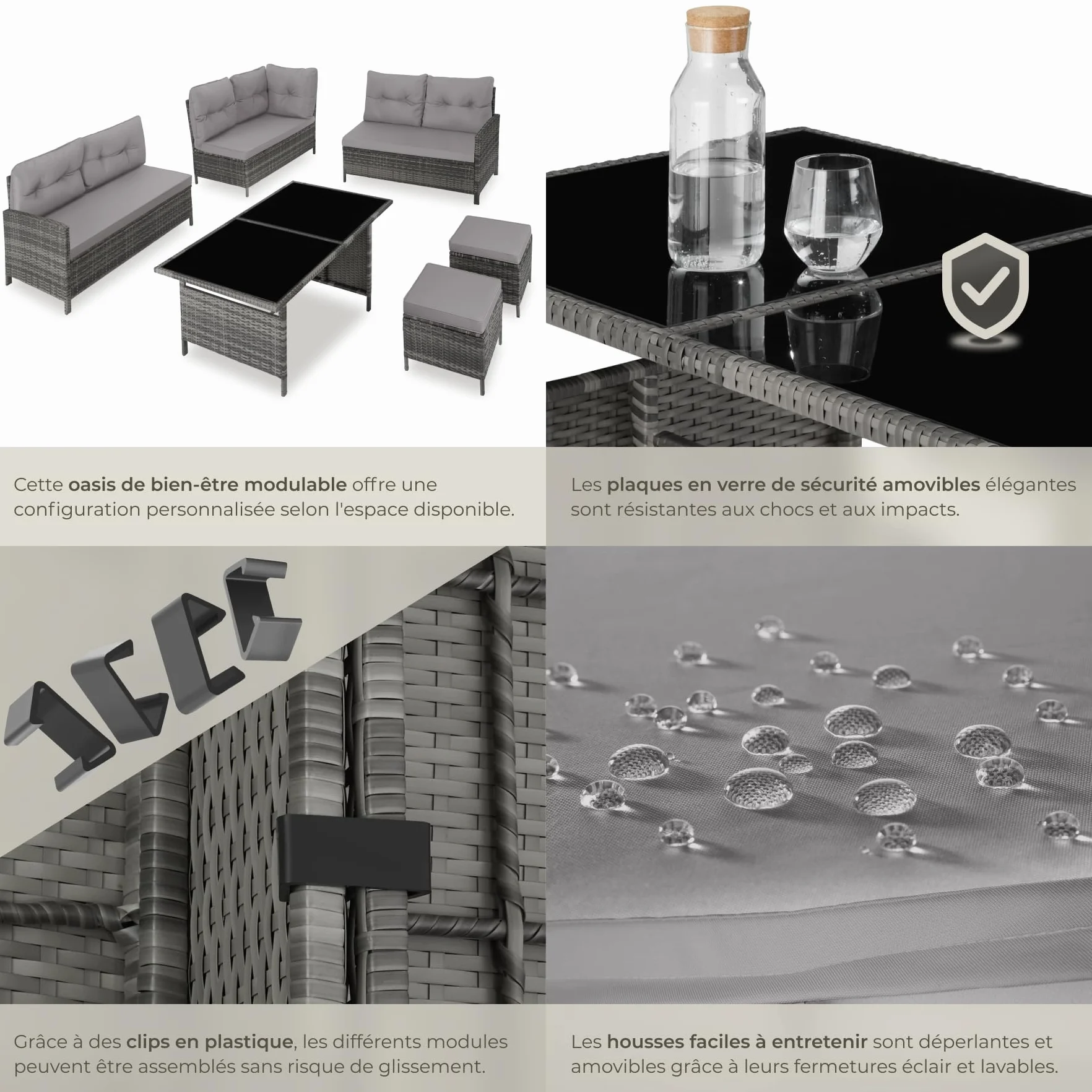 tectake Salon de Jardin Exterieur Rotin Modulable Canape Angle Table Verre 2 Tabouret Pouf Coussins Inclus