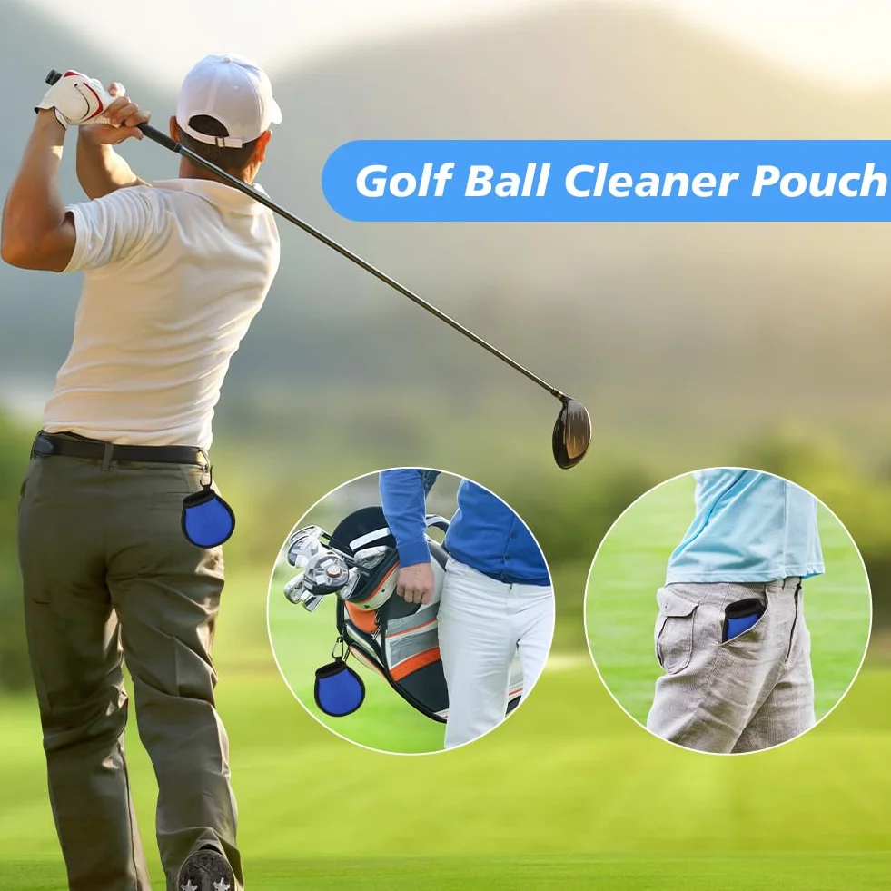 Pochettes de Nettoyage de Balles de Golf, 2 Pcs Imperméable, Sac de Golf Double Couche, Portables avec Mousqueton, Noir + Bleu