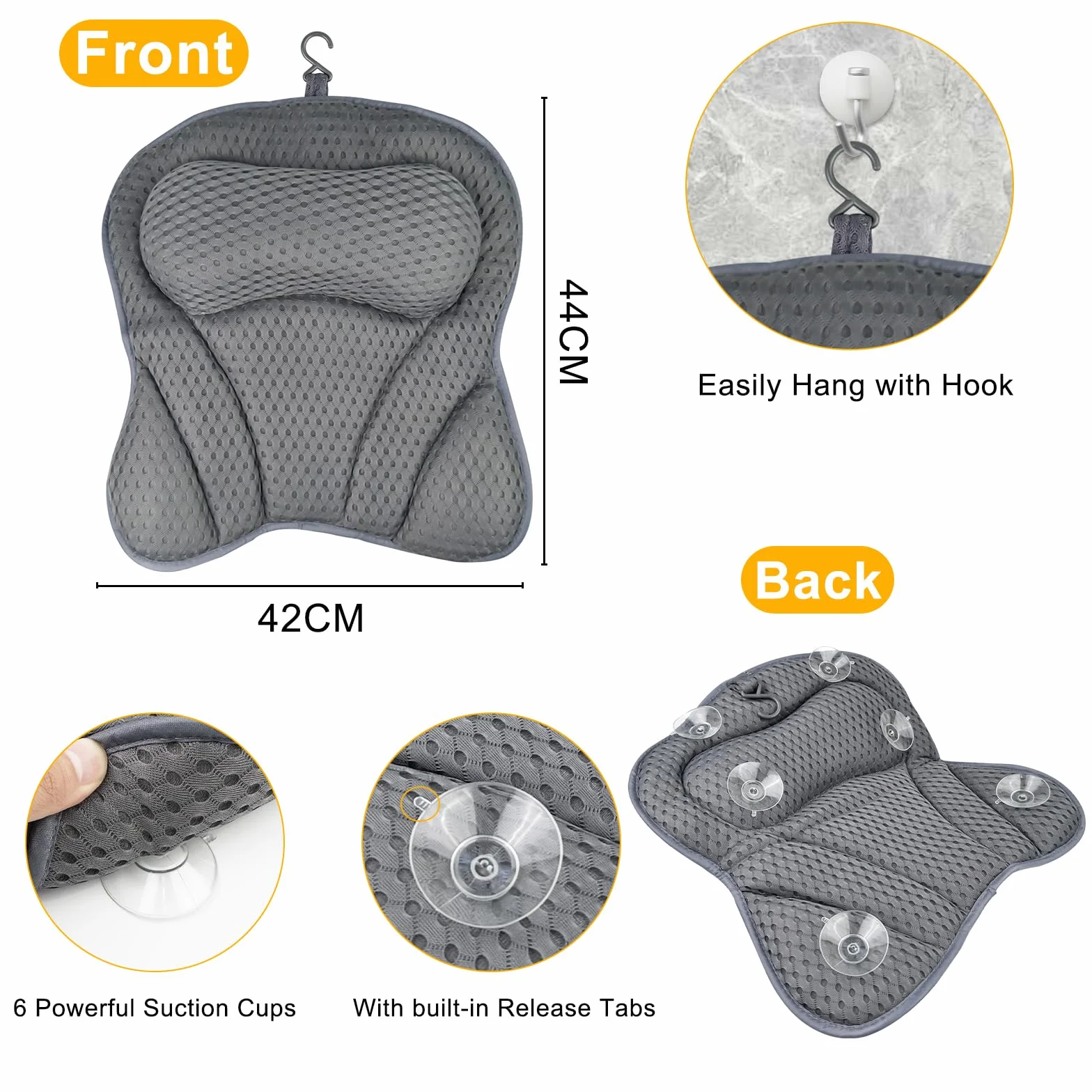 Chiluxendo Coussin Baignoire Adulte 4D Air Mesh avec 6 Ventouses Repose Tête Antidérapant (Gris)
