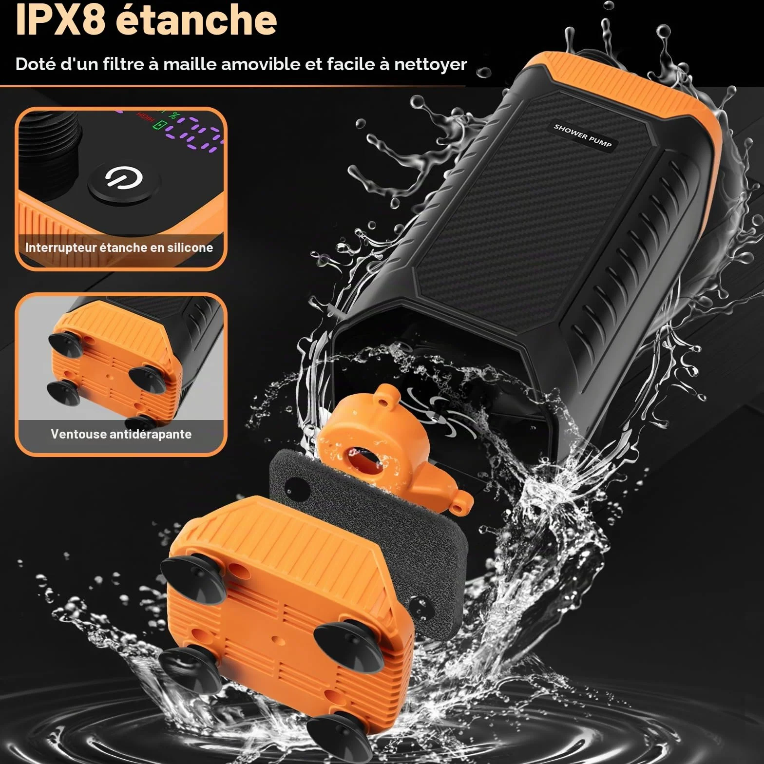 Uplayteck Douche Camping, 8000mAh Kit Douche de Camping Portable avec Écran LED Intelligent et Indice d'étanchéité IPX8, USB Rechargeable Pomme de Douche pour Extérieure, Voyage, Animaux, Randonnée