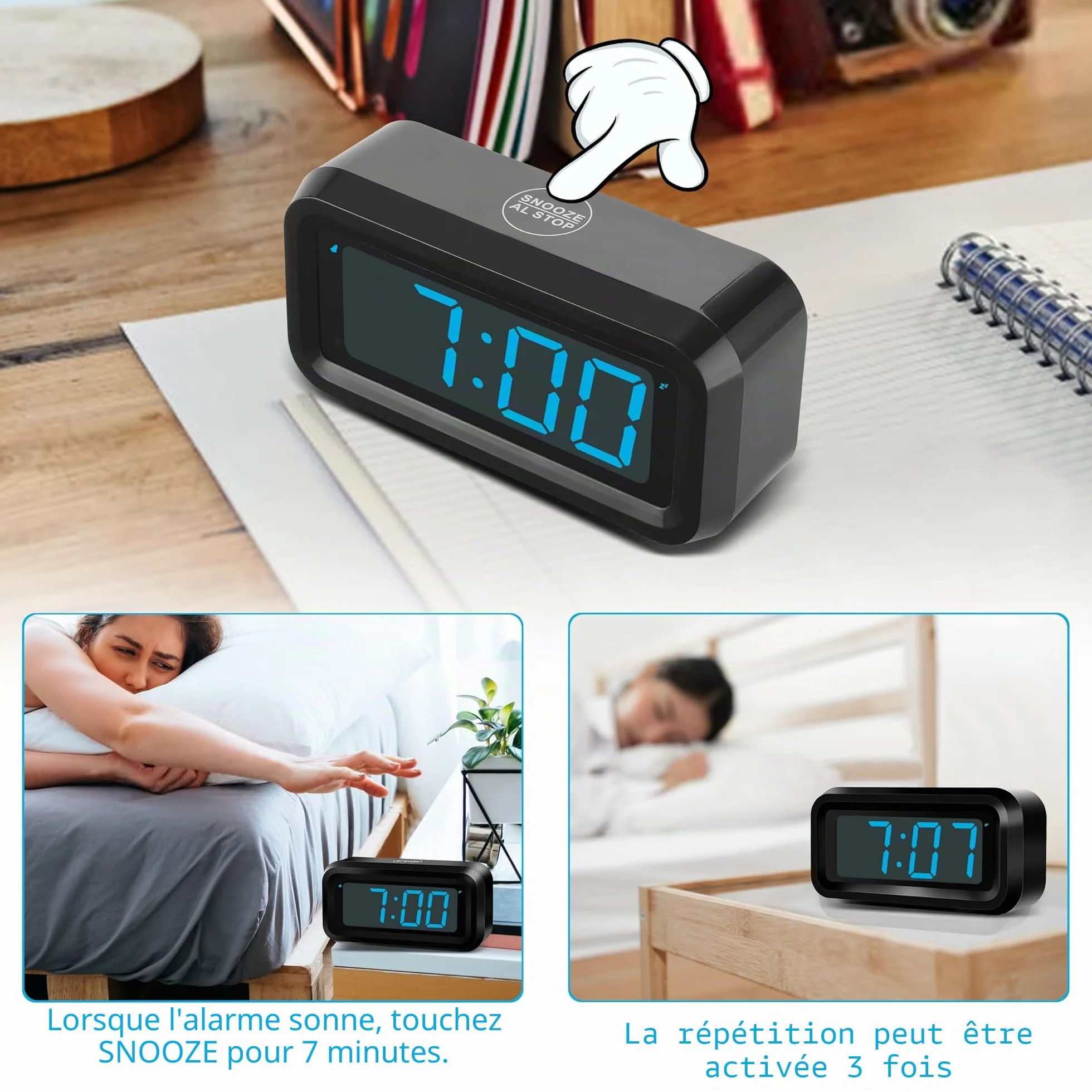 KWANWA Réveil Numérique à Piles, Horloge Avec Luminosité Réglable, Snooze, 12/24H, Gros Chiffres