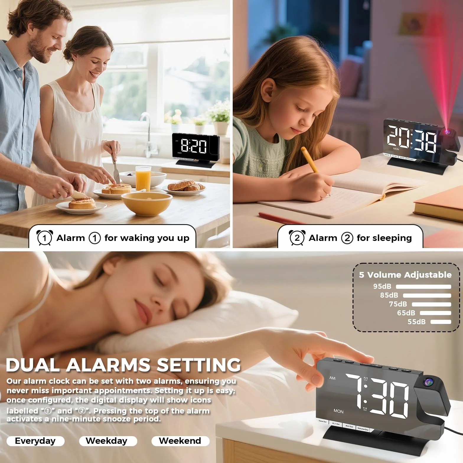 Réveil Projection Plafond Horloge Numérique LED avec Recharge USB, Surface Miroir, Snooze, Rotation 180°, Mode Inversé, Réglage Luminosité 12H/24H