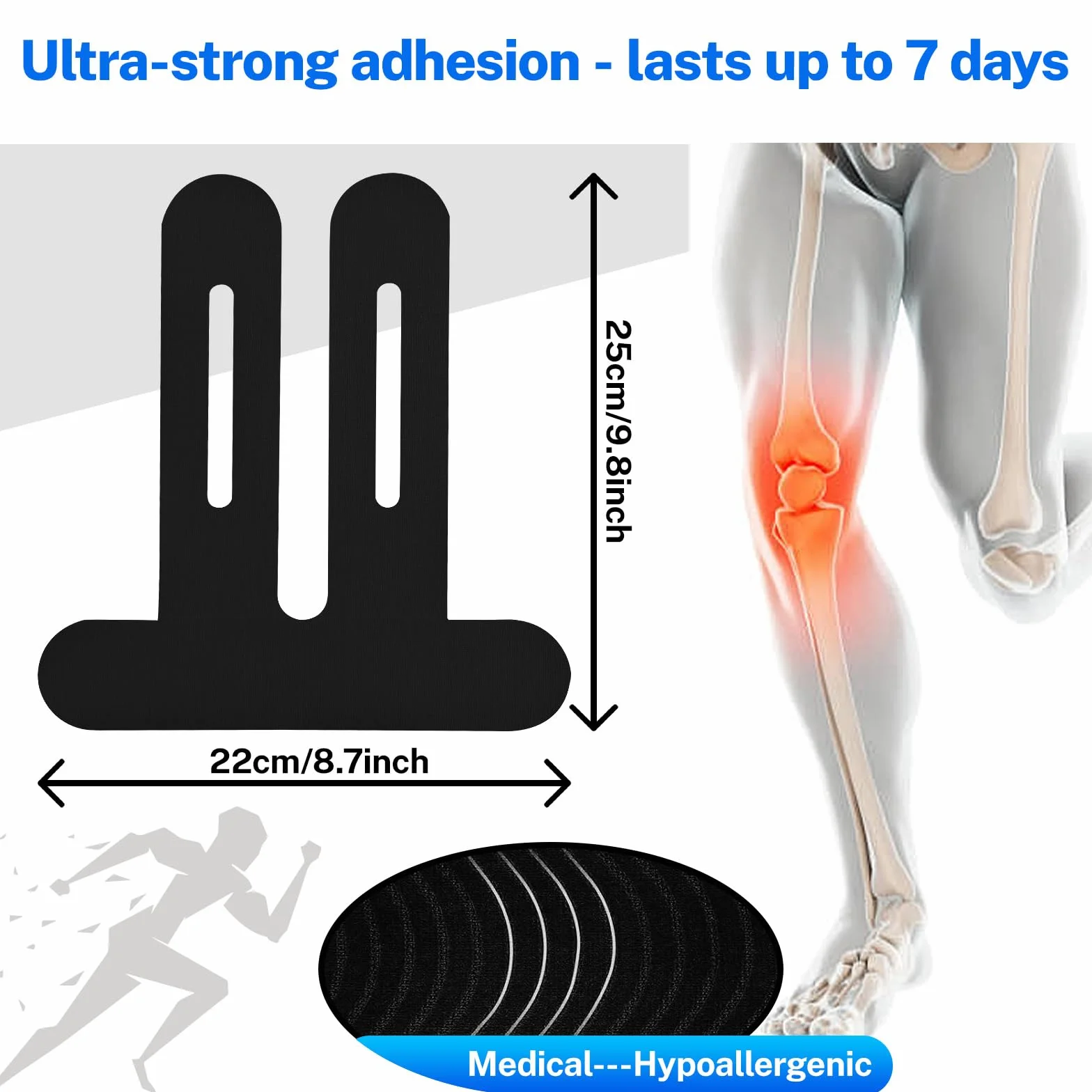10 pièces Prédécoupées Tape Kinesiologie Genou Tape bleu - kinesio tape bande kinesiologie, résistant à l'eau & doux pour la peau Ruban de physiothérapie douleurs genoux correction de la posture