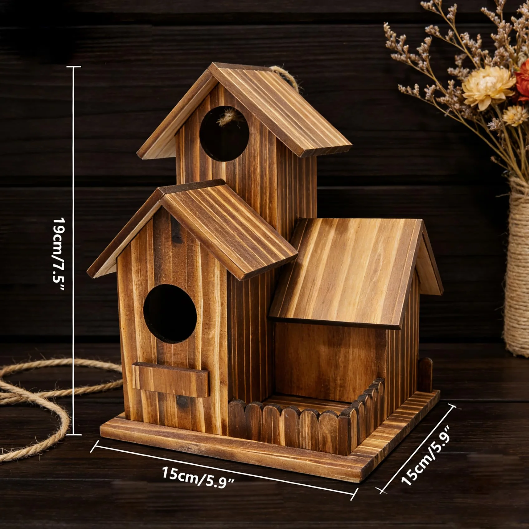 Mangeoire à écureuils en Bois brûlé avec Toit Flexible pour Jardin, Cour