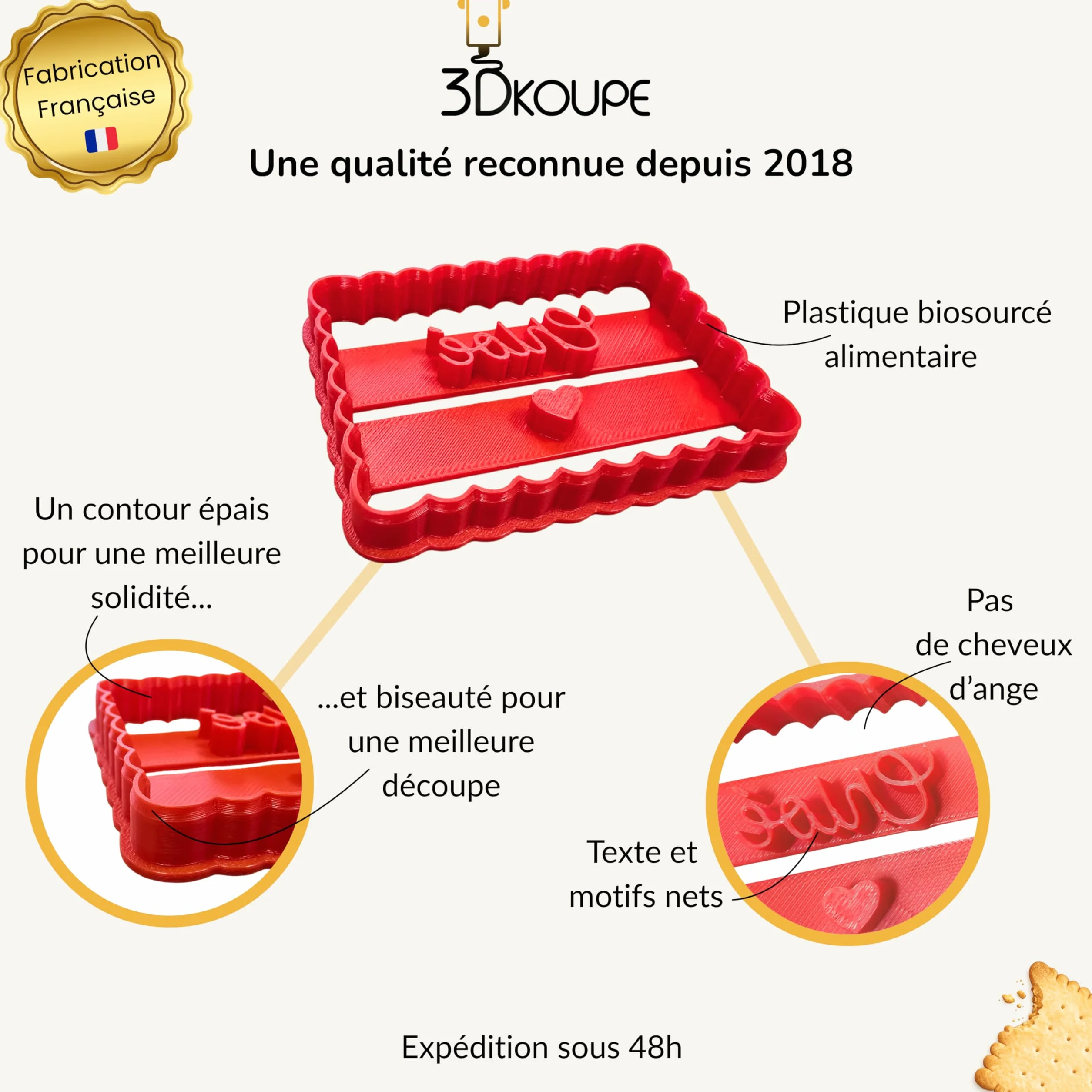 Emporte-pièce petit beurre personnalisable 3 lignes couleur au choix fabriqué en France