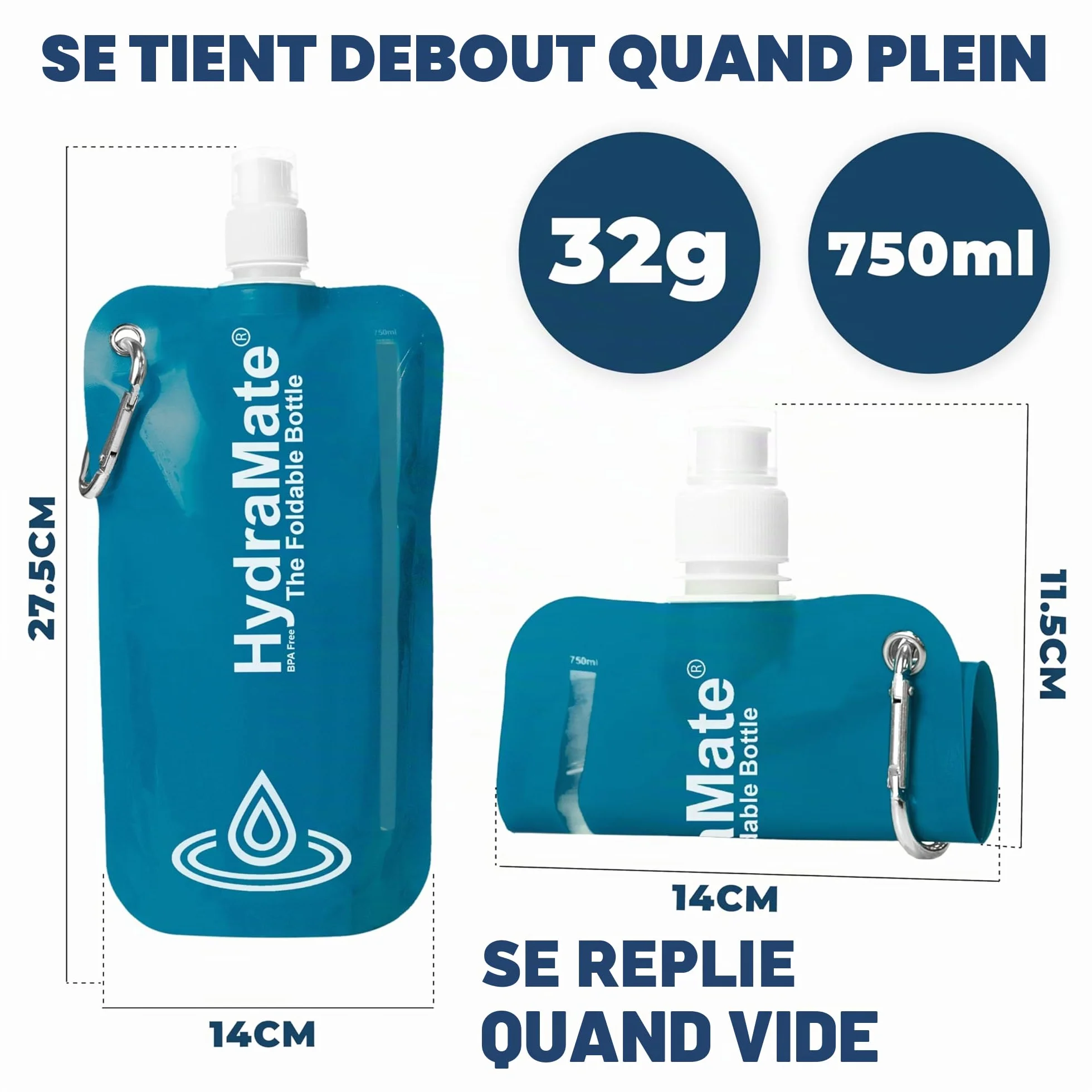 SwimCell Gourde Souple Bouteille Pliable - Poche A Eau 750ml Légère Flexible Sans BPA. Bouteille De Voyage, Camping, Festival, Activités Extérieures. Réutilisable Durable. Mousqueton Inclus. Bleu