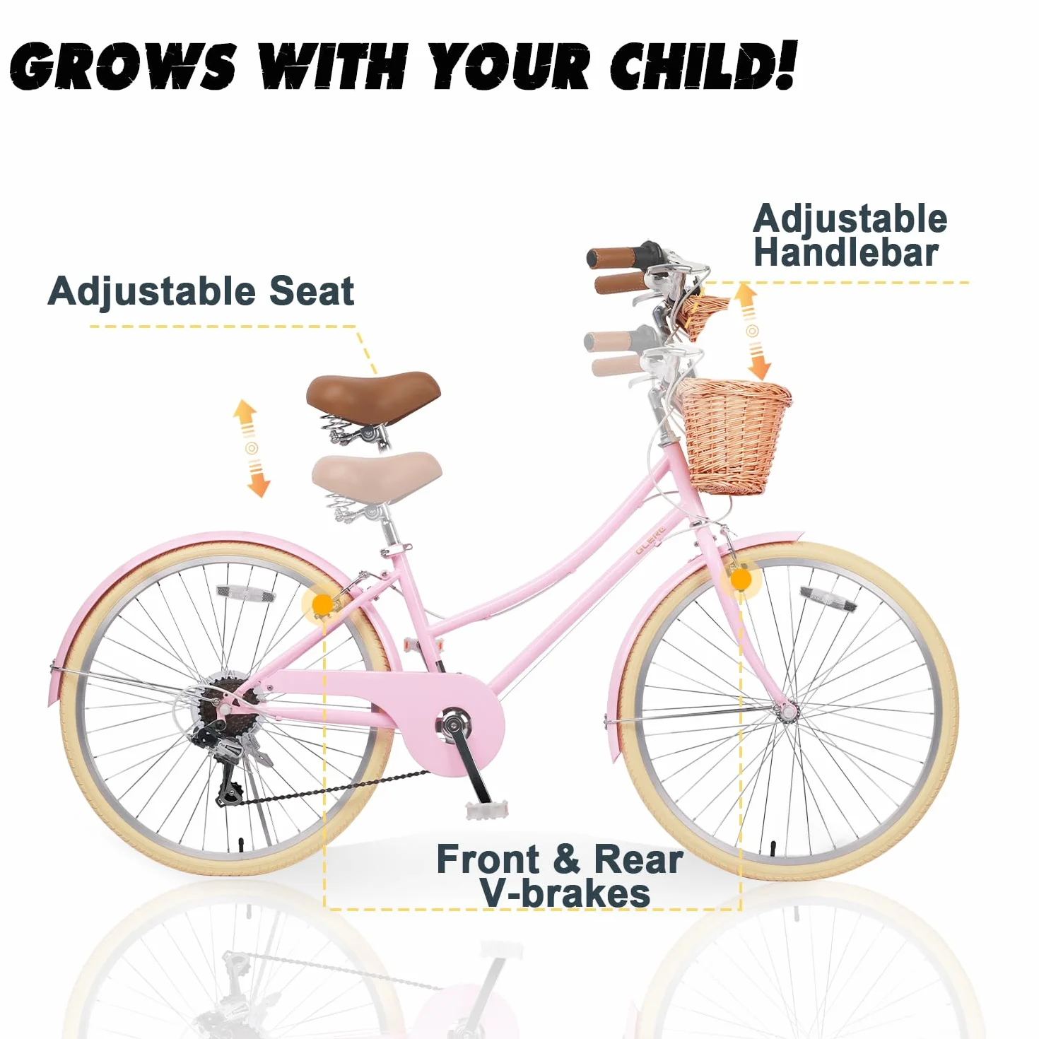 Glerc Missy Vélo de Ville Hybride 20" 24" 26" 6 Vitesses pour Jeunes Filles de Plus de 8 Ans avec Panier en Osier et léger, Plusieurs Couleurs