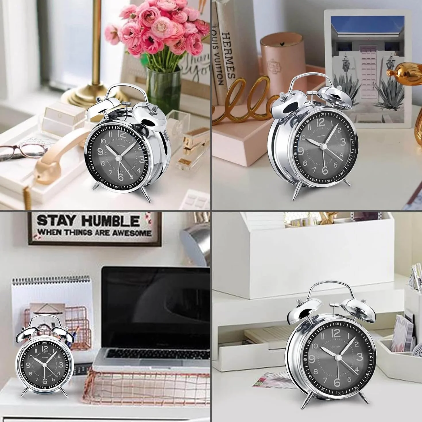 Réveil analogique rétro en métal à double cloche pour les dormeurs profonds, sans tic-tac, avec éclairage de nuit