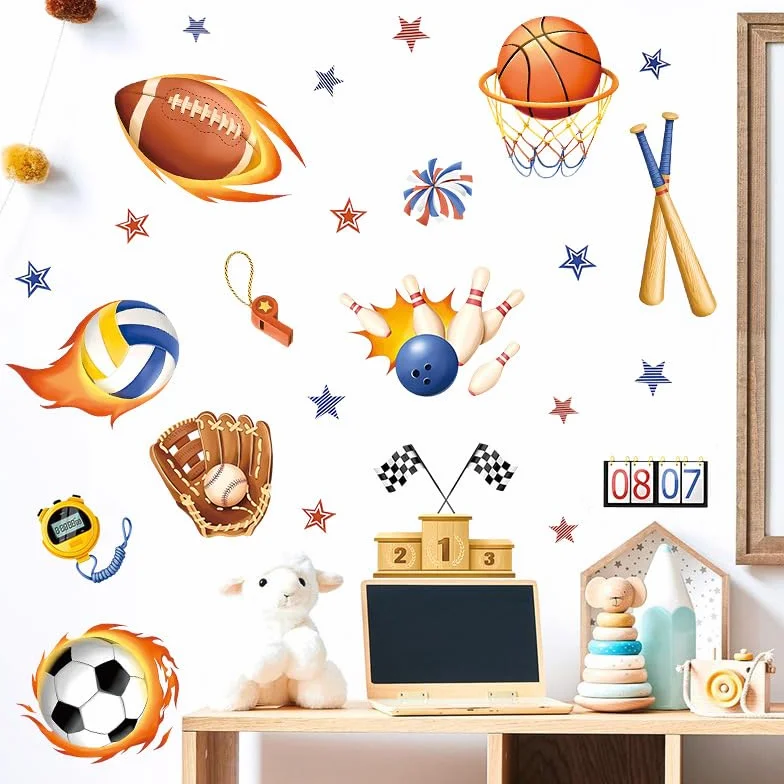 Autocollant Mural 3D Sports de Balle Football Rugby Basketball, Décoration Murale pour Chambre Enfants
