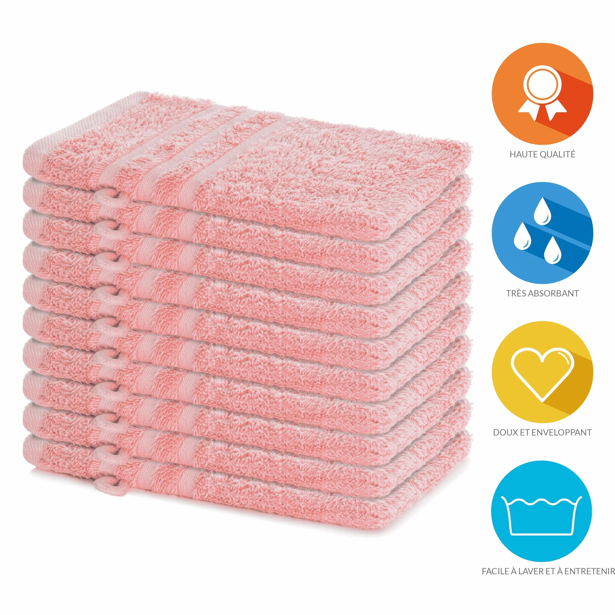 Lavea Lot de 10 Gants de Toilette 15x21 cm en Éponge 100% Coton Rose Pastel