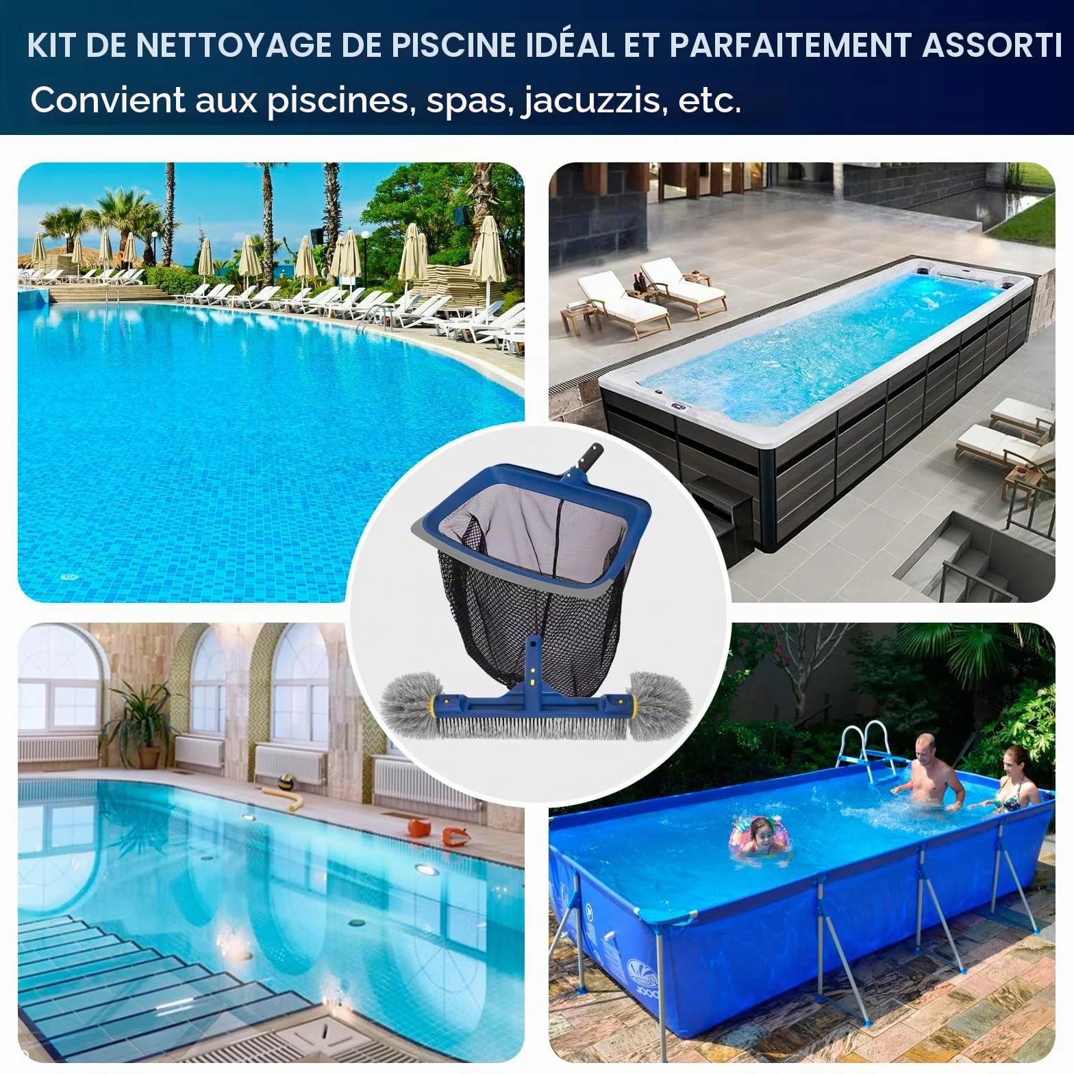 POOLAZA Kit de nettoyage de piscine - Filet de skimmer à mailles fines et brosse de 45 cm