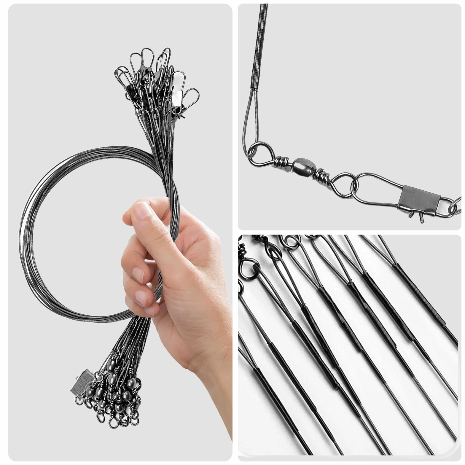 CATELL 100 Pièces Bas de Ligne de Pêche, 5 Tailles Bas de Ligne en Acier Inoxydable avec Émerillon et Mousquetons Bass de Ligne Carnassier pour la Pêche Toutes Sortes de Poissons(10/15/20/25/30 cm)