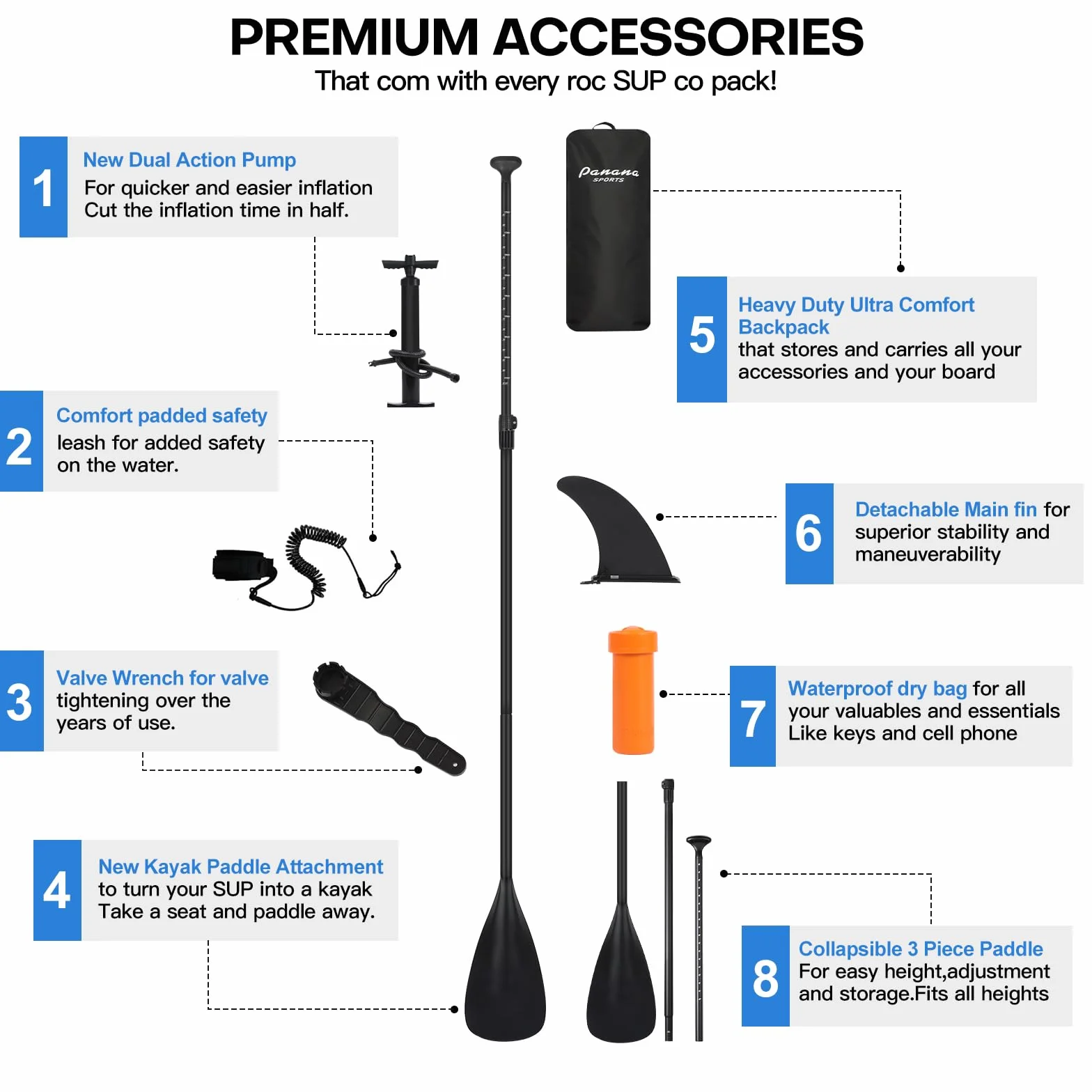 Panana Stand Up Paddle Gonflable Planche de Sup avec Accessoires, Kit de Surf, Pagaie Réglable, Ultra-Légère, Pont Antidérapant pour Adultes et Jeunes
