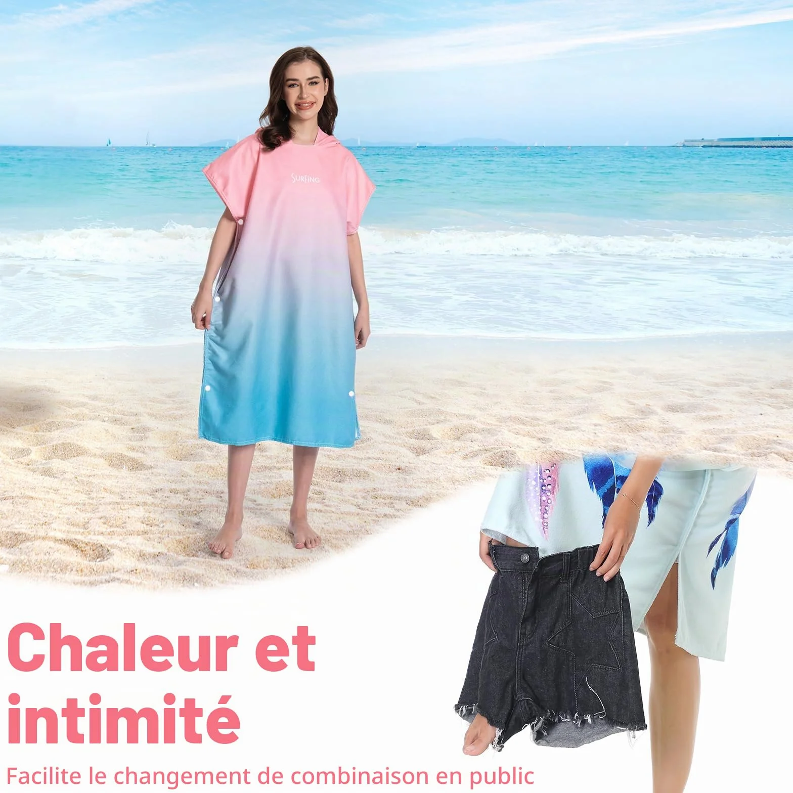 MOKANI Peignoir de bain, Poncho serviette à capuche pour piscine, plage, surf, séchage rapide et léger, poncho éponge pour adultes femmes hommes (avec boutons, 108L x 82l CM)