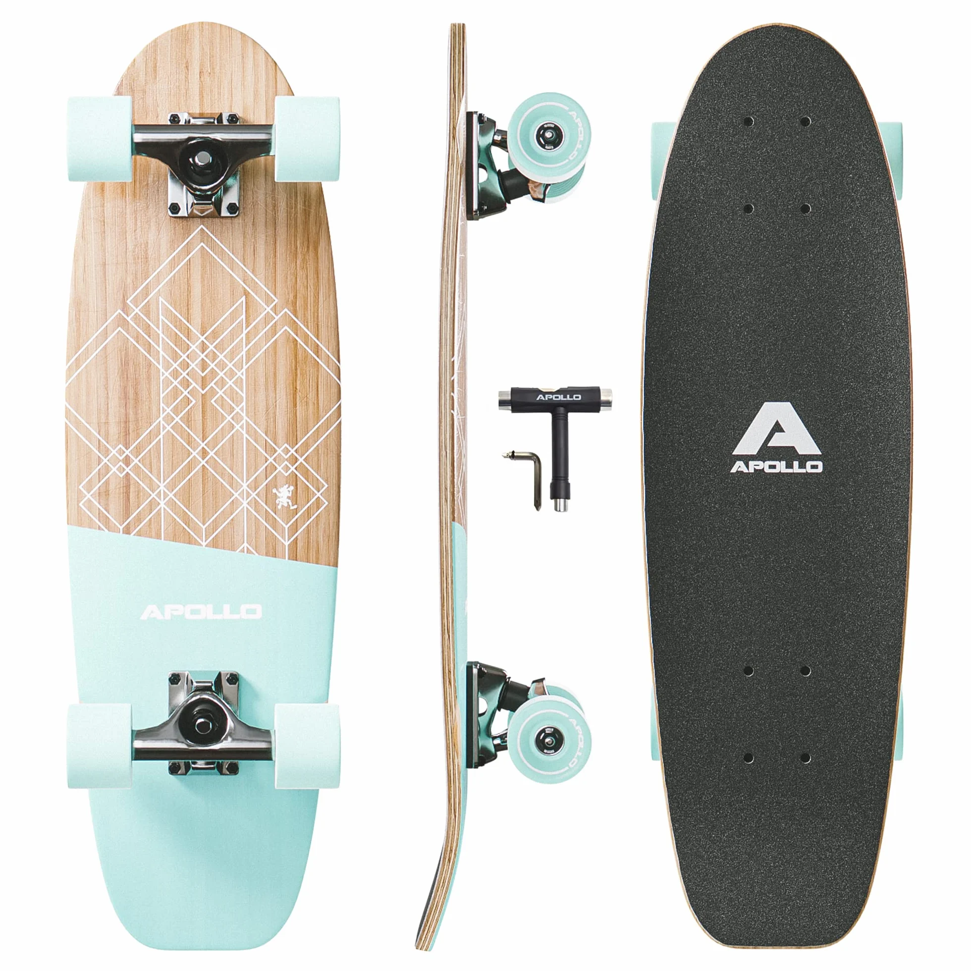 Apollo Fancy Board, midi Cruiser comme BOAD Complet, 70cm (30x8), Mini Long kicktail maniable en Bois Vintage Cruiser Board avec roulements à Billes ABEC 9 Haute Vitesse