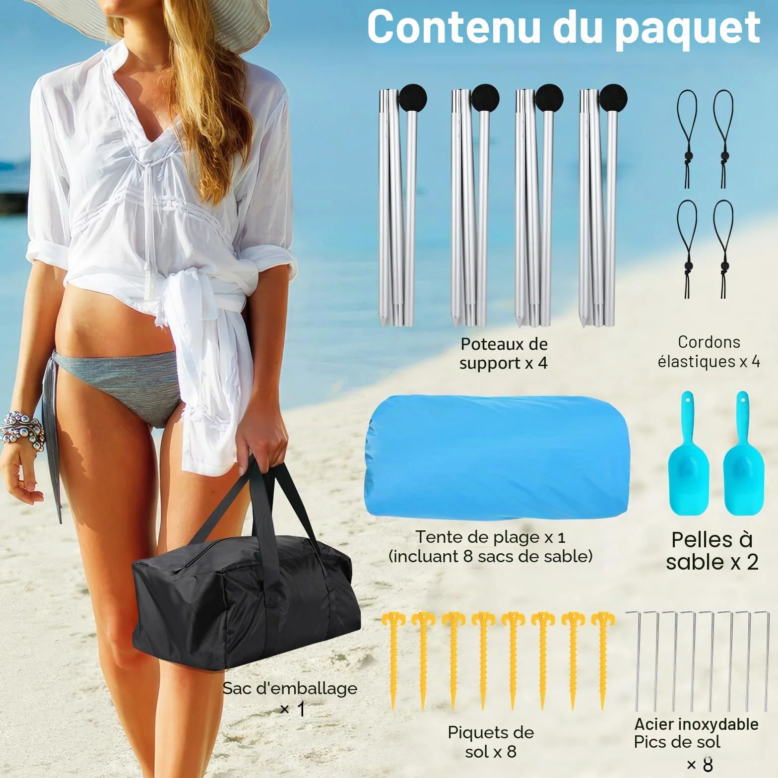 Rhino Valley UPF50+ Tente de Plage, Tente de Jardin Anti-Soleil avec 8 Sacs de Sable à Insertion, Abris de Plage Extérieurs avec 4 Poteaux de Support pour Pique-Niques