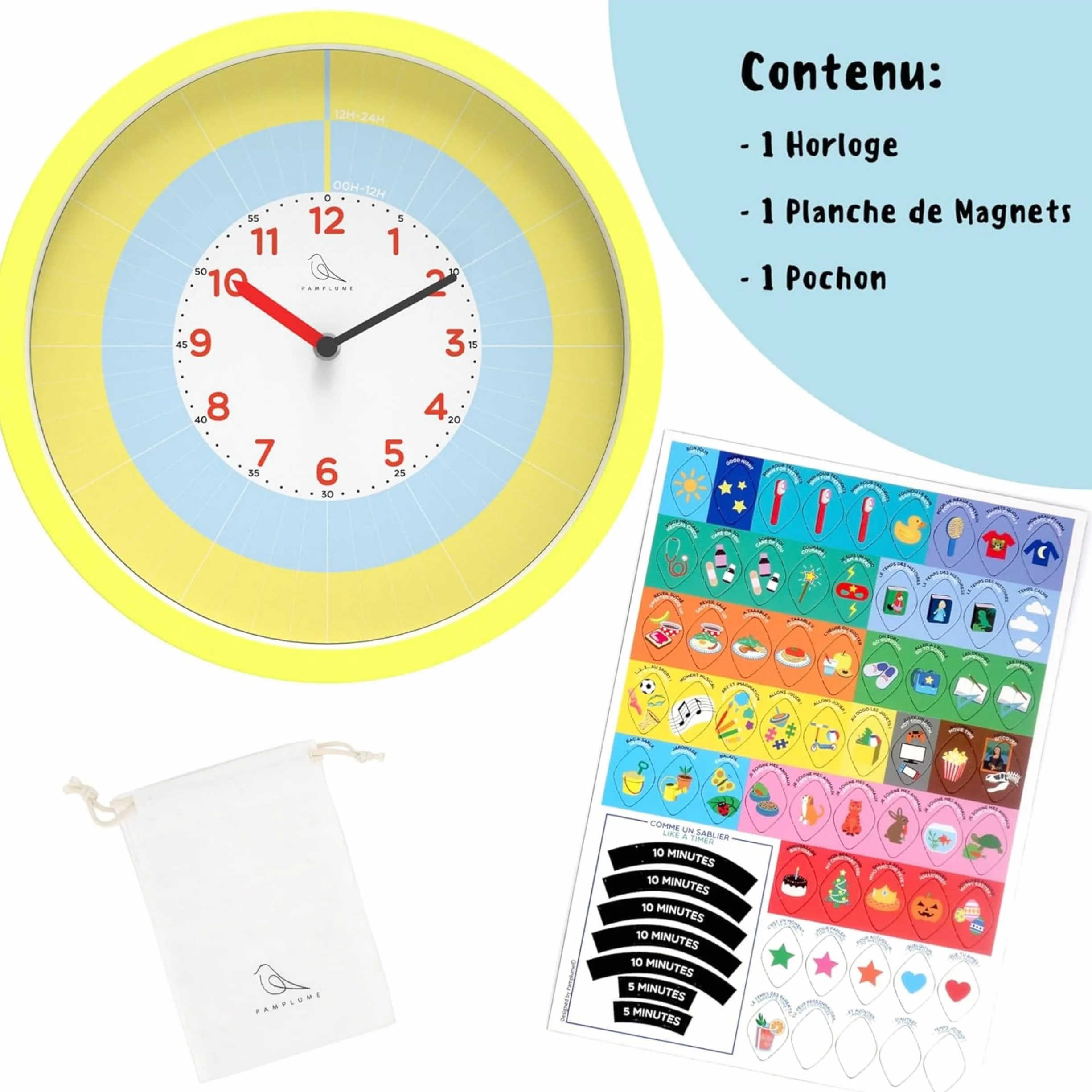 Horloge d'apprentissage pour Enfant, 60 Magnets Activités, 7 Magnets Timer, Jaune
