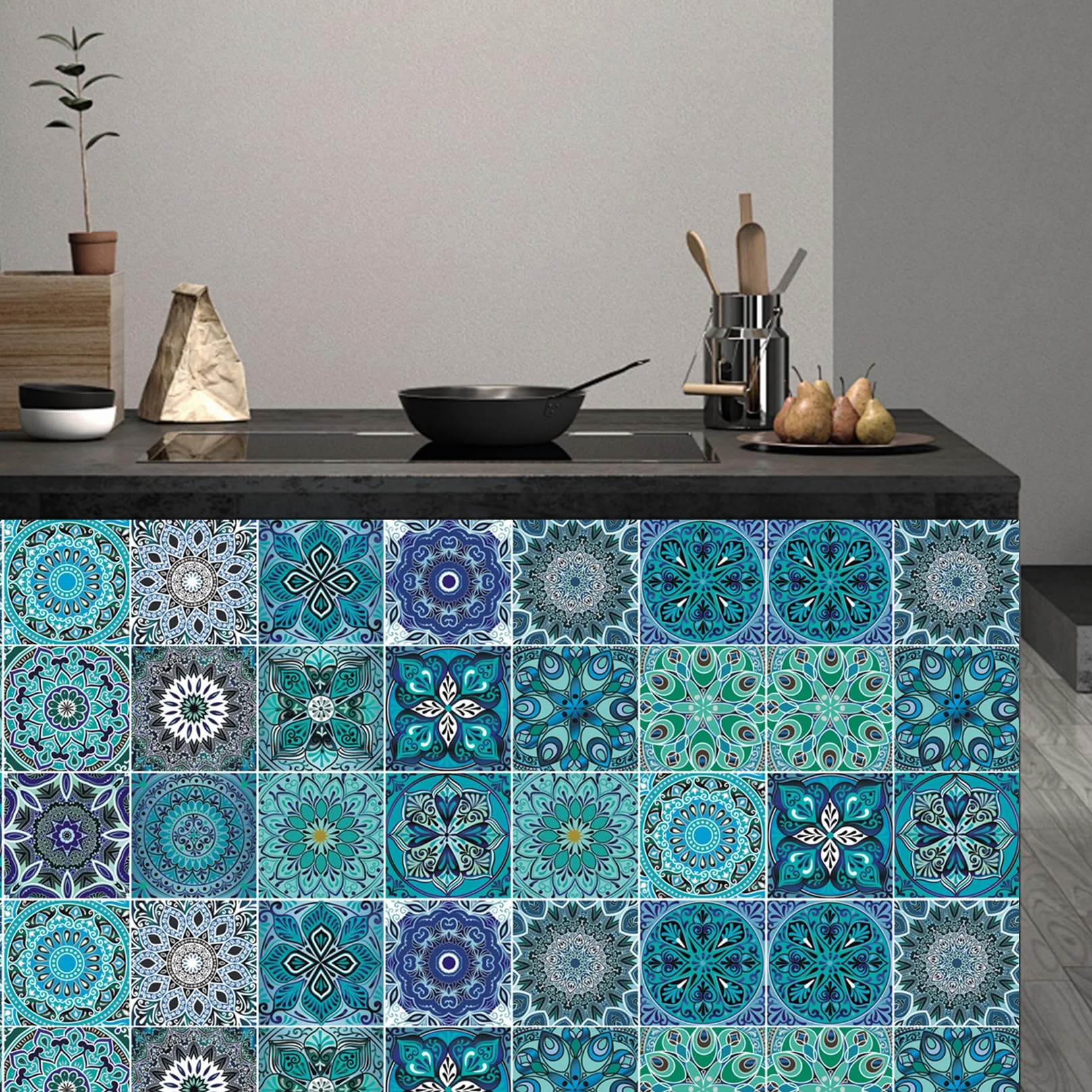 Carreaux Autocollants Décoratifs Bleu Mandala 15x15cm Lot de 24 Stickers Carrelage Imperméables PVC Cuisine Salle de Bain