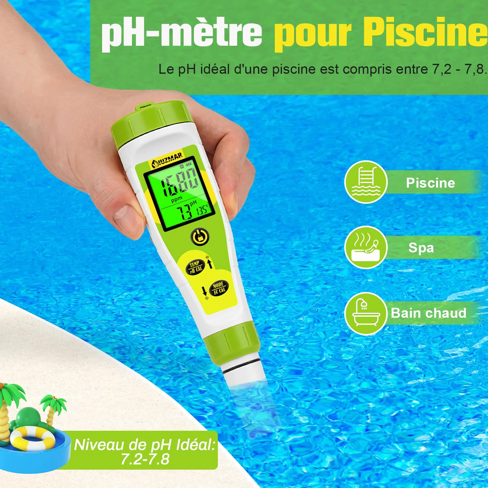 pH Mètre Piscine 4 en 1 PPM EC Temp Testeur pour Système d'Eau, Aquarium