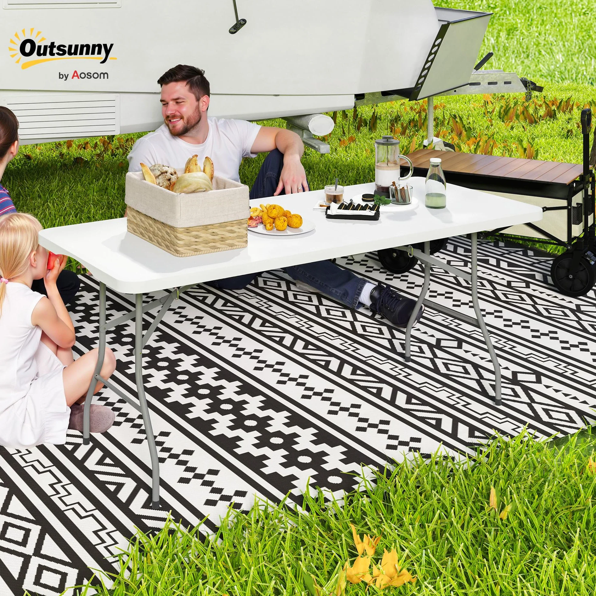 Outsunny Table Pliante HDPE 180x74x74 cm Camping Extérieur Blanc