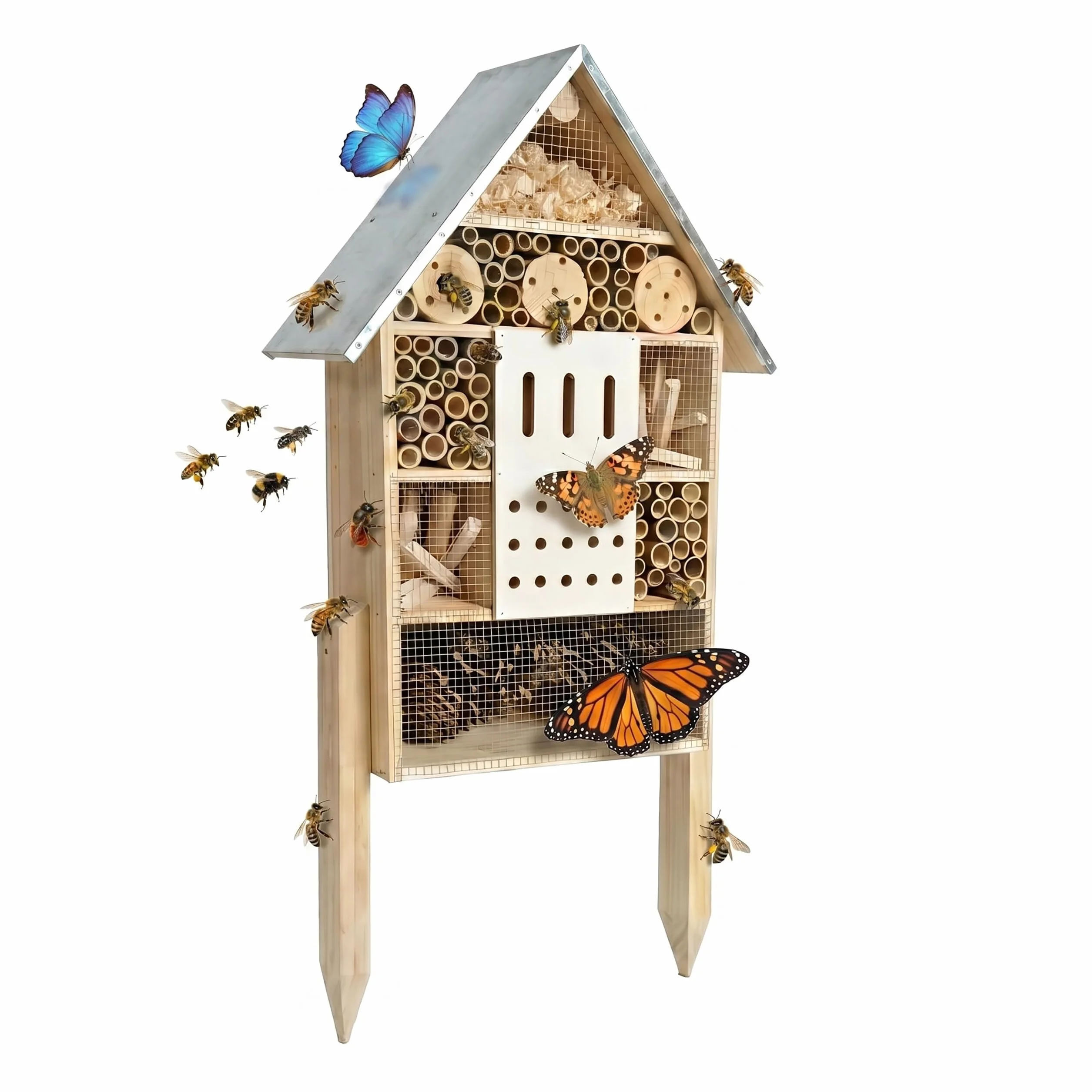 Relaxdays Hôtel à Insectes sur Pied en Bois, Toit galvanisé, 77 x 38 x 10 cm
