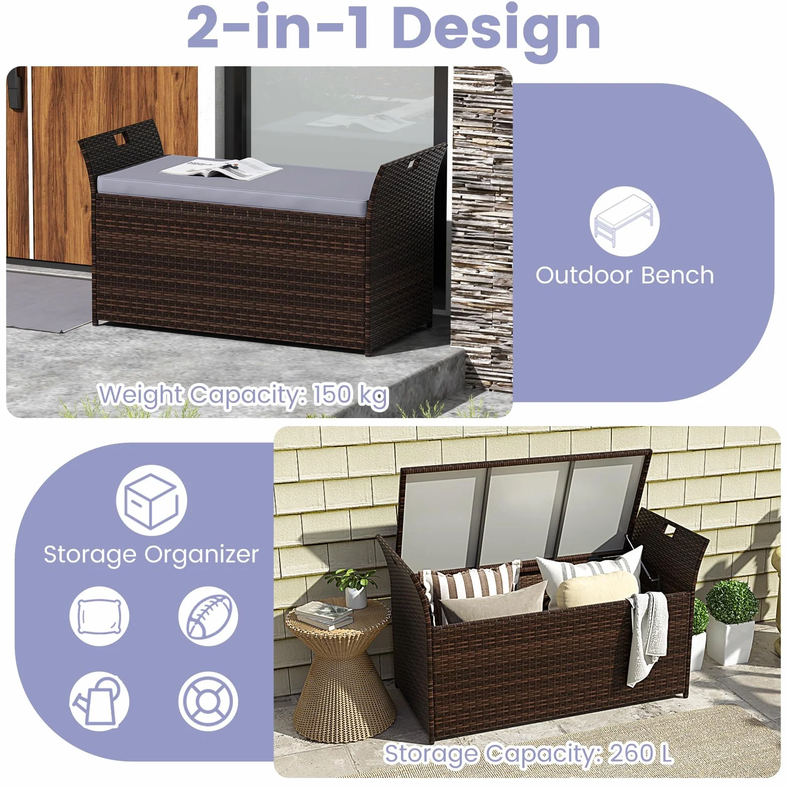 GIANTEX Banc de jardin 2 places rotin synthétique coffre rangement 260 L coussins 125 x 56 x 71 cm