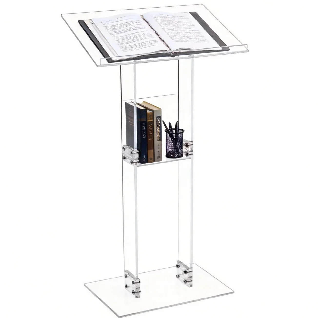 Pupitre de Conférence en Acrylique 115cm Podium Plan Incliné 60×40cm avec Étagère de Stockage