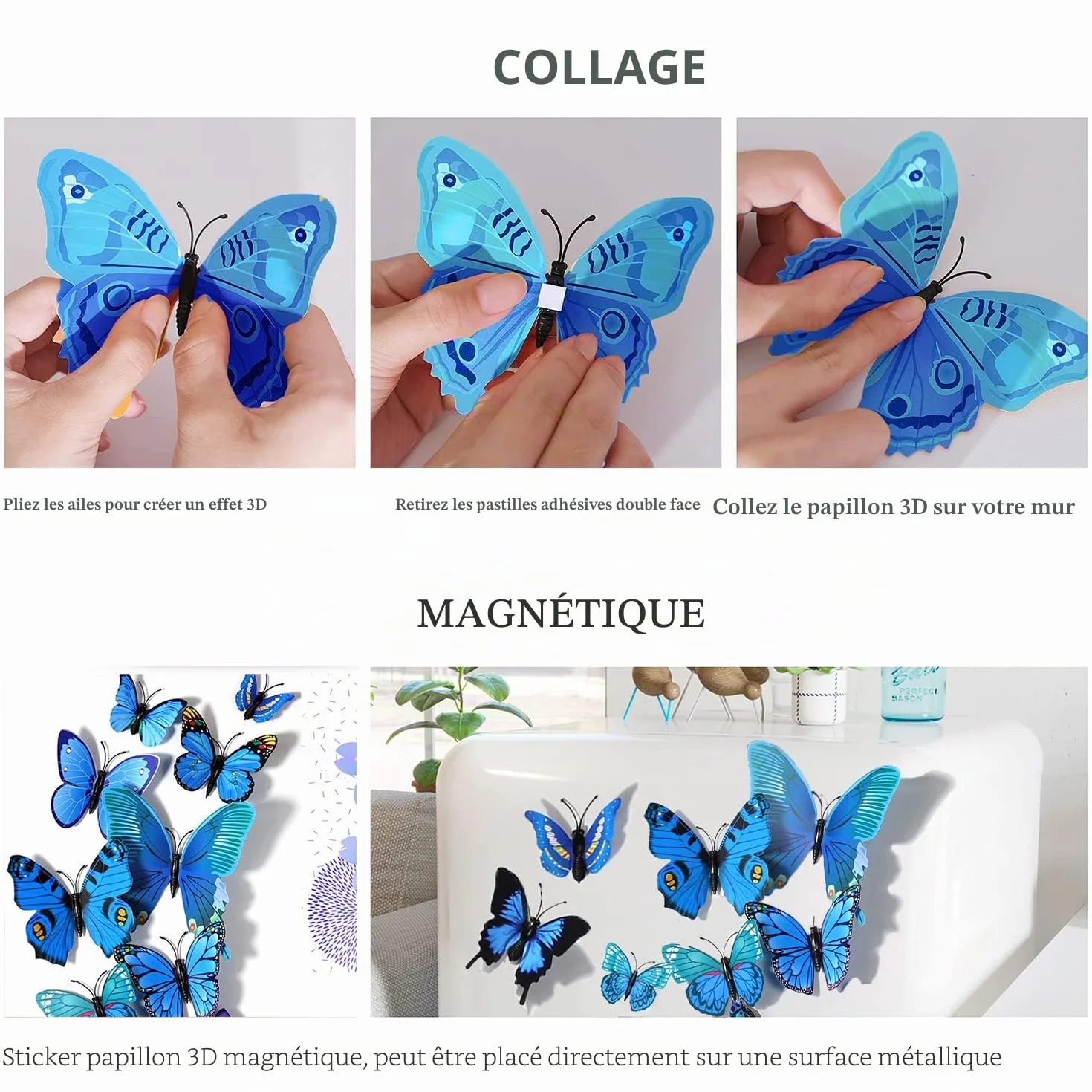 Papillon Stickers Muraux 3D 24 Pièces Décoration Fête Chambre Bleu