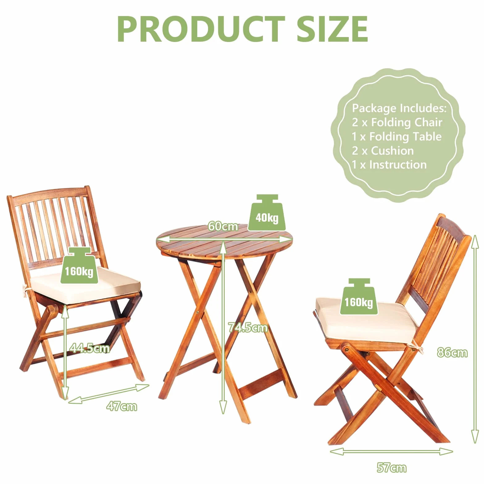 GIANTEX Salon de Jardin 2 Personnes Bois d'Acacia, Table Extérieure avec Chaise, Coussins Amovibles, Beige Naturel