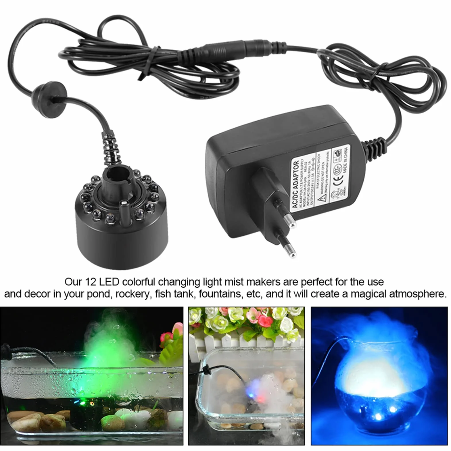 Tbest Brumisateur Ultrason 12LED Coloré Pour Fontaine D'Eau Étang Avec Adaptateur Secteur 110