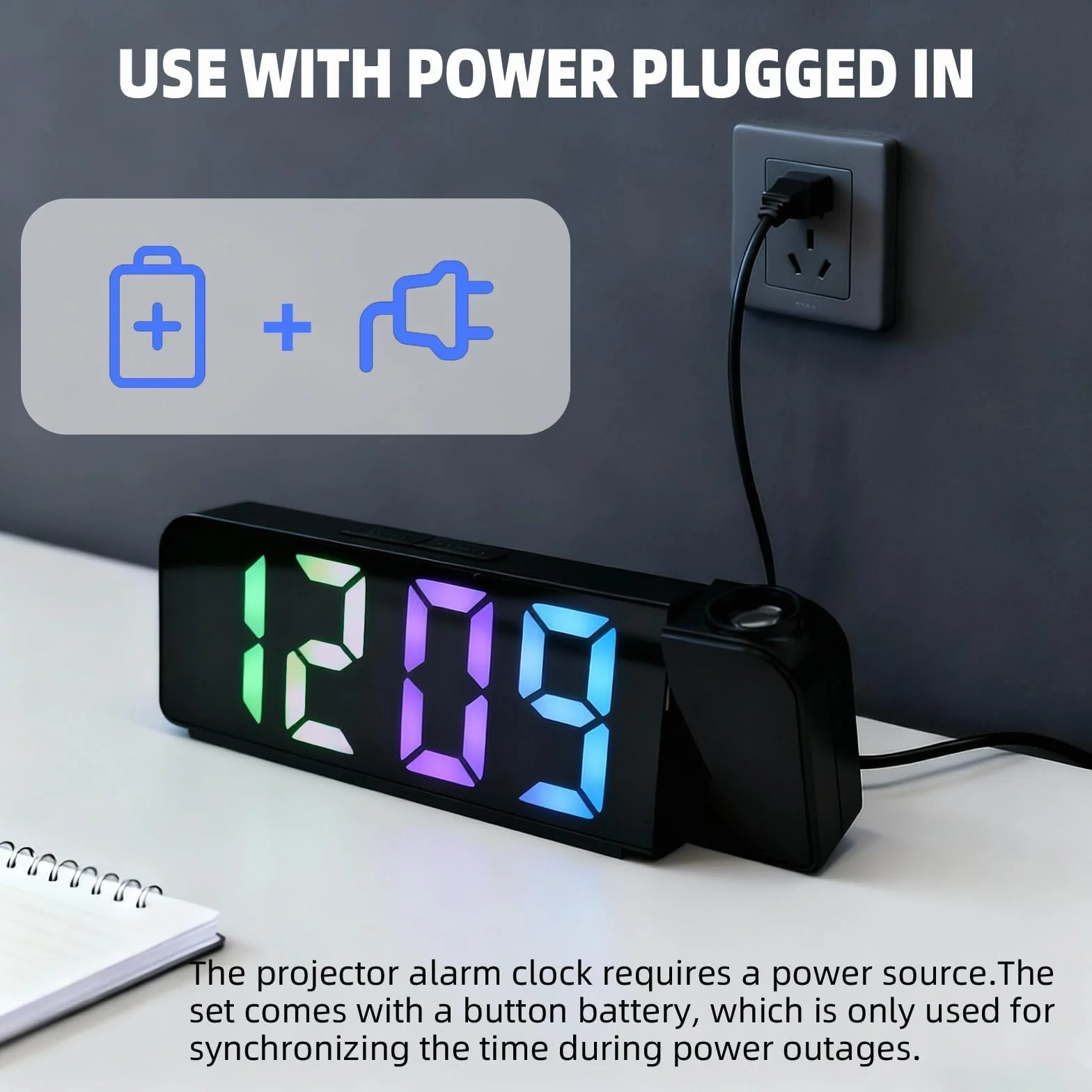 Réveil Projecteur 7,9" LED avec Projection Numérique, Thermomètre, 180° Réglable, Snooze, Mode Nuit