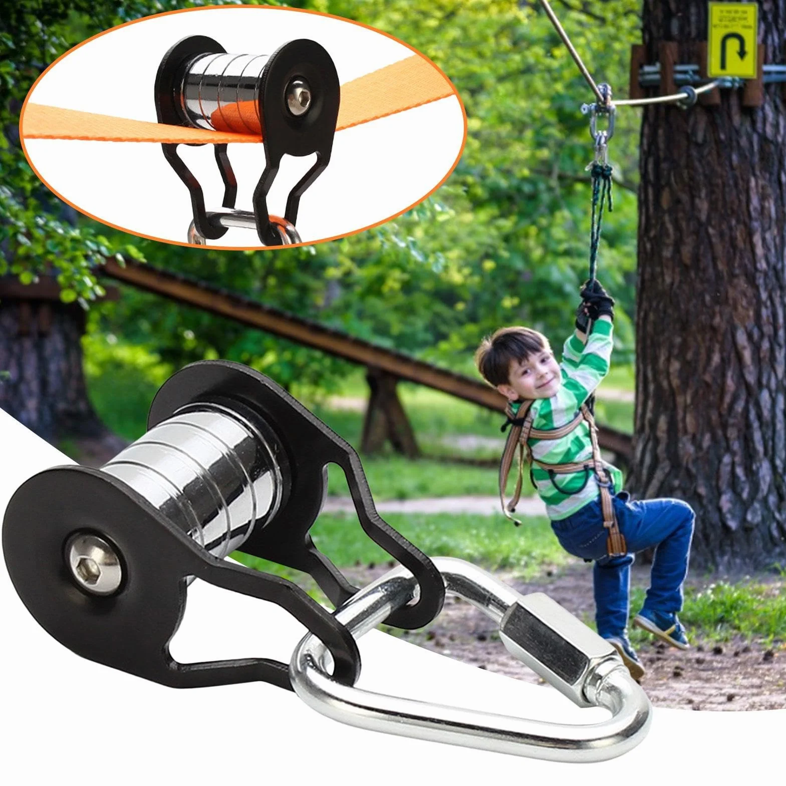 Poulies pour Corde, Poulie De SlacklinesCoulissante en Corde d'acier avec 5 Rouleaux, Charges Sûres Jusqu'à 440 LB, Accessoires De Poulie De Tyrolienne Adaptés À La Maison Au Parc Et À La Pelouse