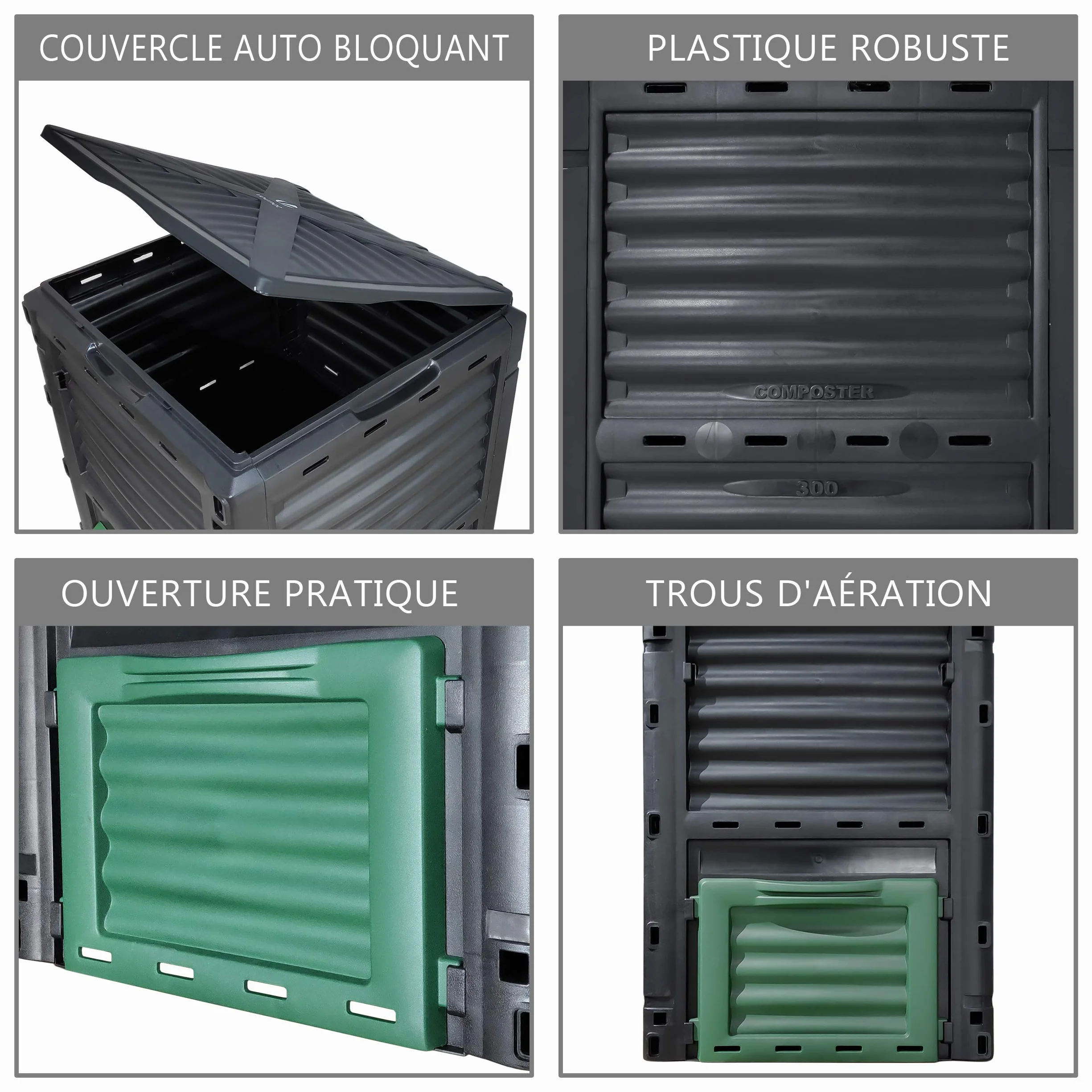 VOUNOT Composteur de Jardin 300L Bac à Composte Polypropylène Résistant aux Chocs et aux UV Noir
