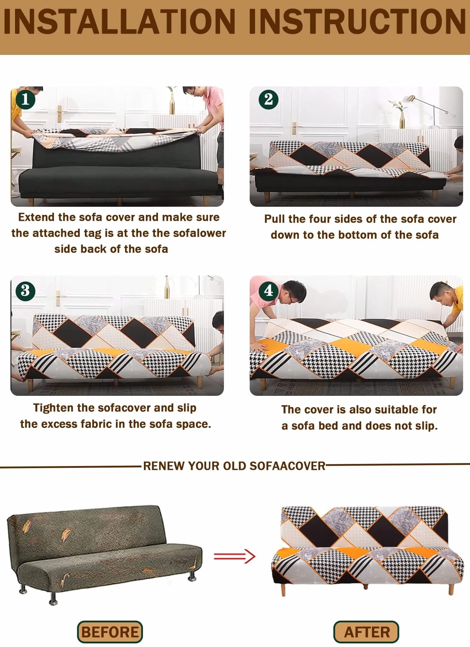 Housse de canapé extensible 2/3 places sans accoudoirs, antidérapante, lavable, beige 190-230cm