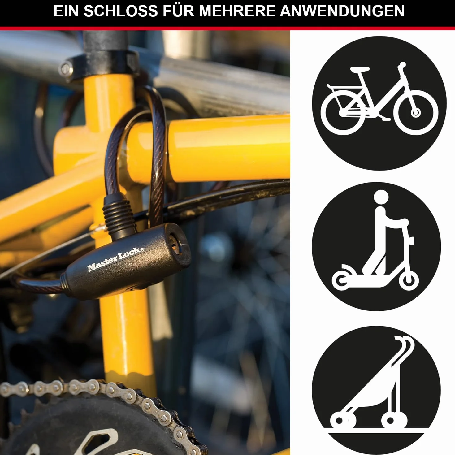 MASTER LOCK Cable Antivol Vélo [1,8 m Câble] [Clé] [Extérieur] 8126EURDPRO - Idéal pour Vélo, Vélo Electrique, Skateboard, Poussettes, Tondeuses et autres Equipements