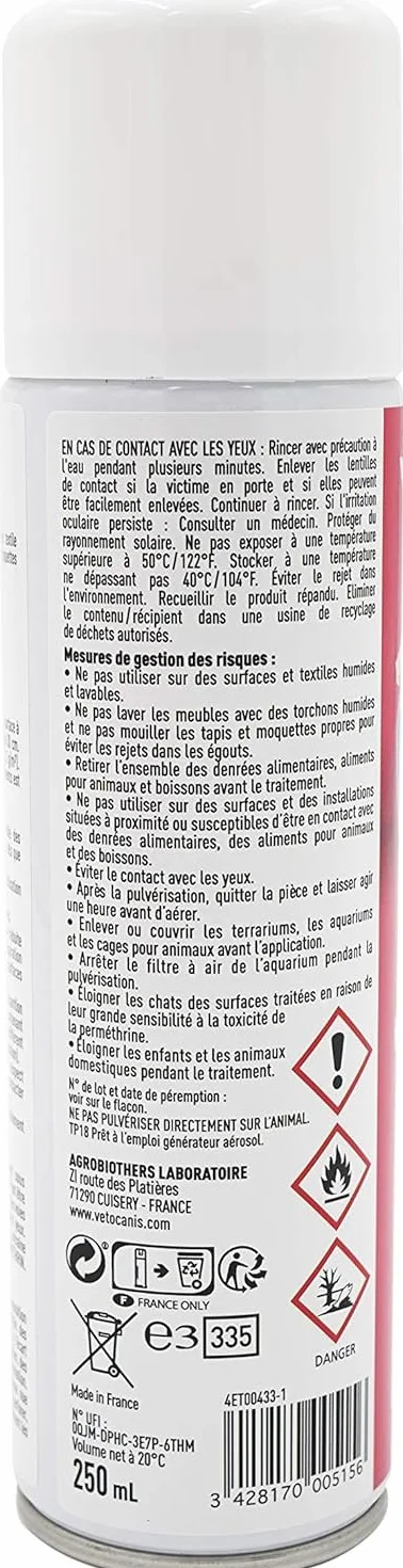 Vetocanis Spray Insecticide Habitat 250ml Elimine Puces Larves Tiques 6 mois