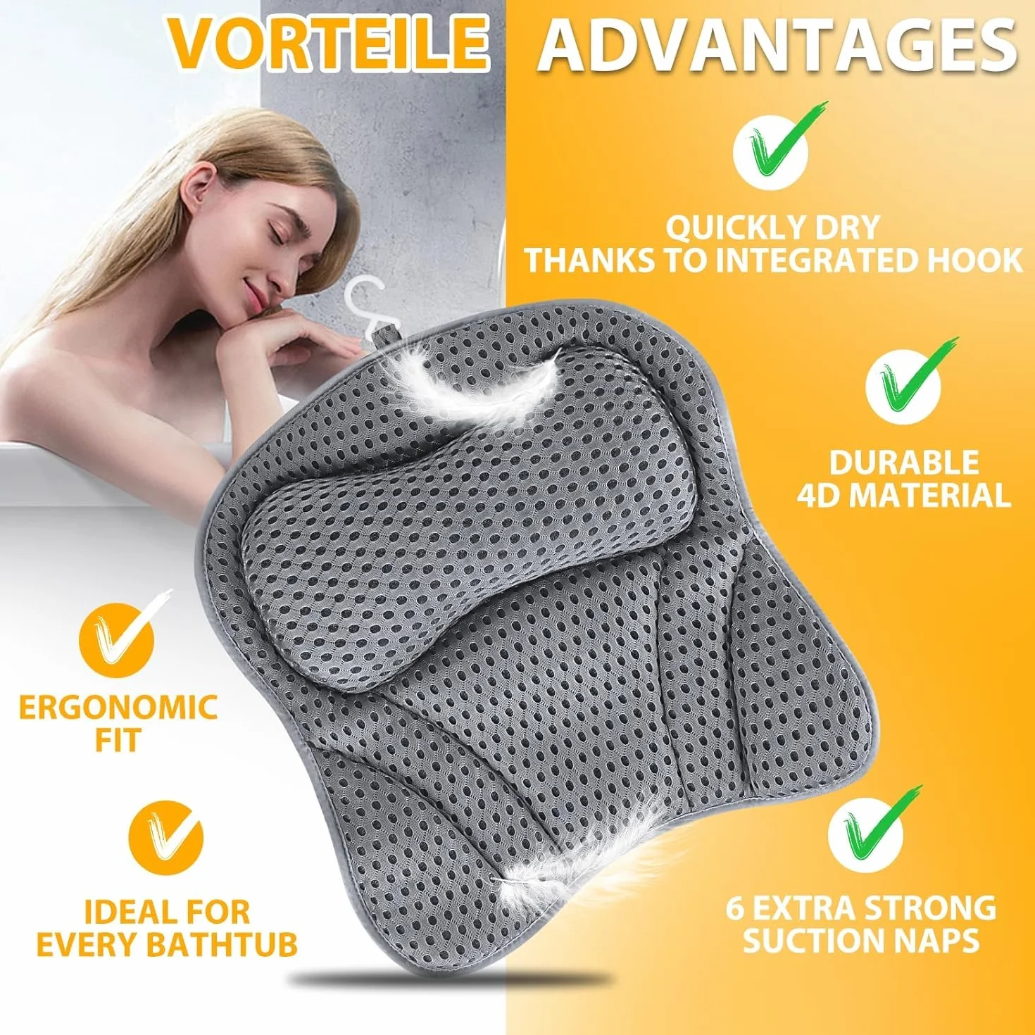 Oreiller de Bain Ergonomique avec Technologie 4D Air Mesh et 6 Ventouses pour Baignoire et Spa